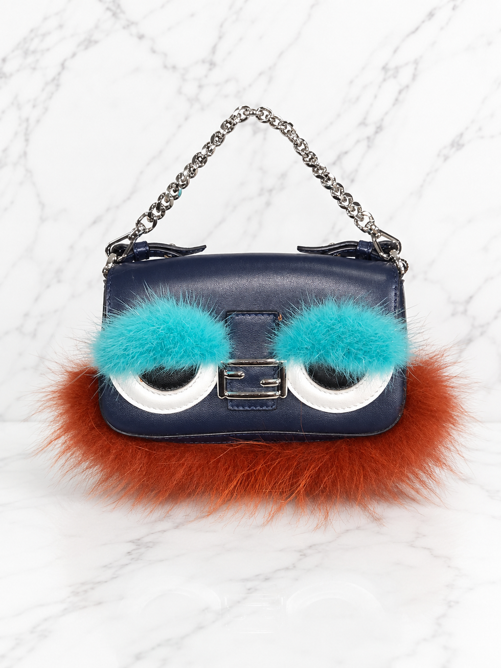 Fendi Micro Monster Baguette Blue Leather Teal Crystal Eyes Red Fur Trim Chain Strap