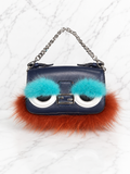 Fendi Micro Monster Baguette Blue Leather Teal Crystal Eyes Red Fur Trim Chain Strap