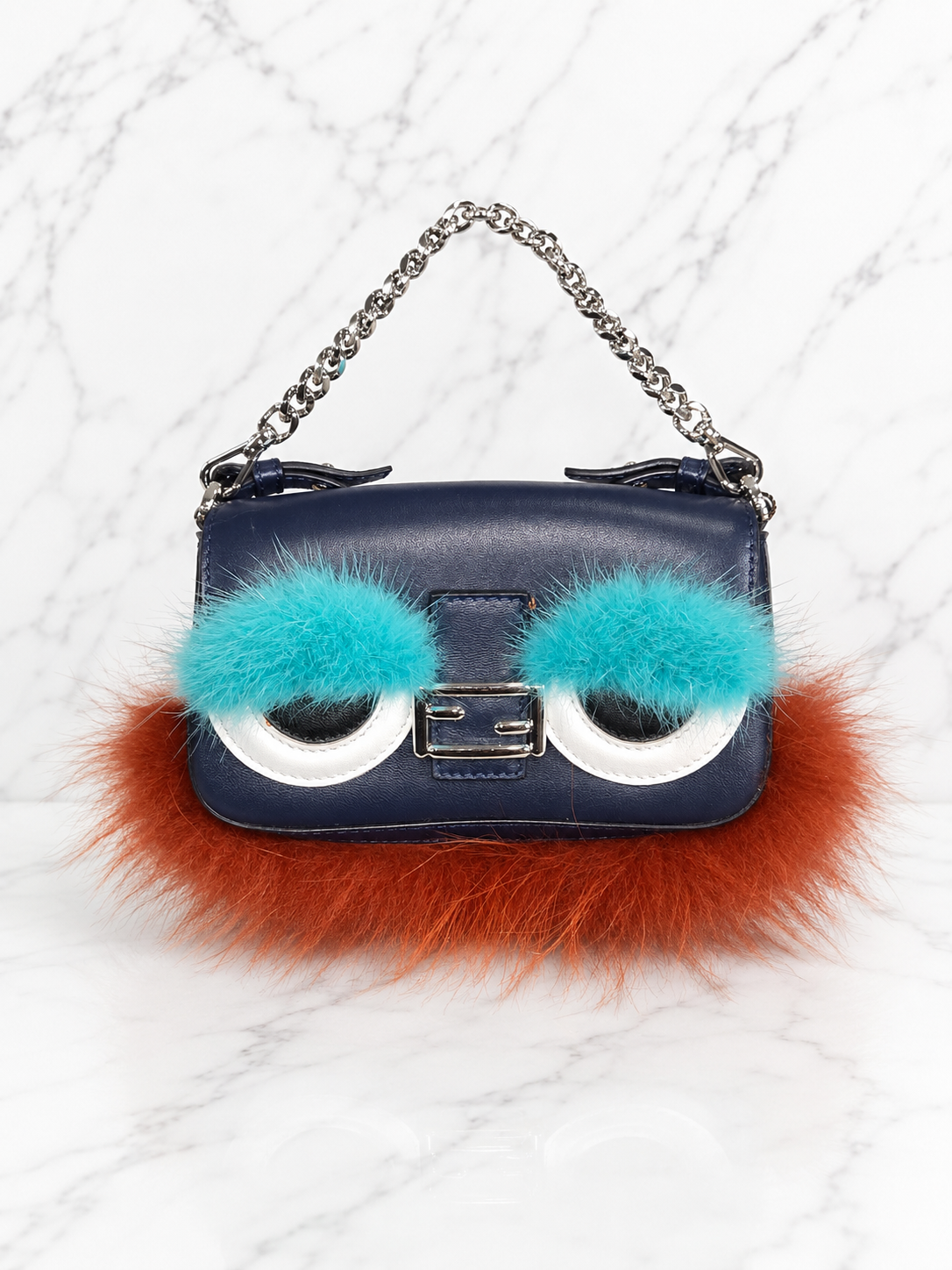 Fendi Micro Monster Baguette Blue Leather Teal Crystal Eyes Red Fur Trim Chain Strap