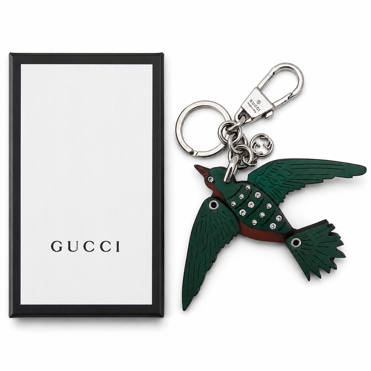 Gucci Green Wood & Crystal Bird Bag Charm – Silver Hardware