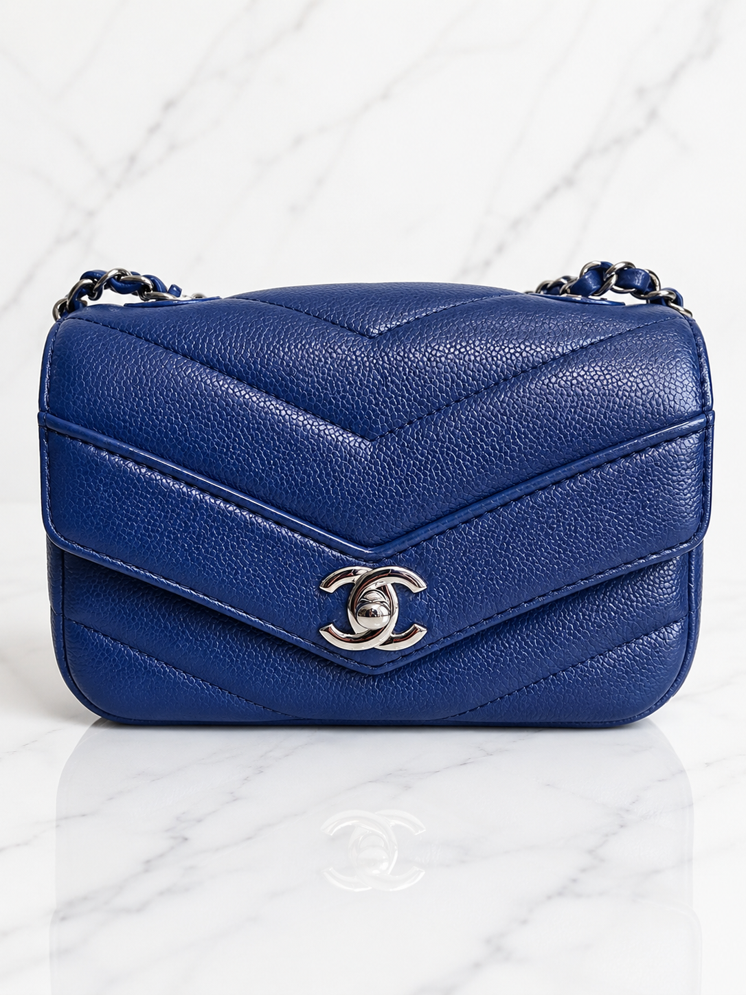 Chanel Classic Mini Flap Bag — Blue Chevron Quilted Lambskin