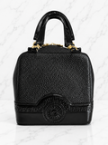 Versace Vintage Black Textured Leather Mini Top Handle Bag Sunburst Greek Key Gold Hardware