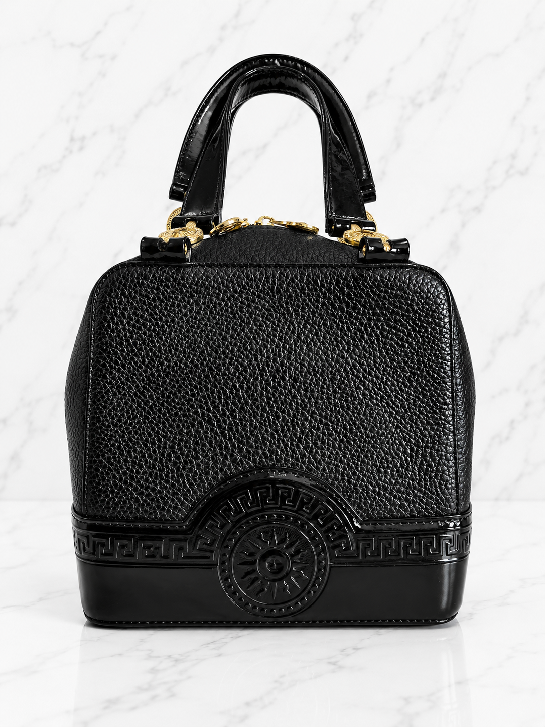 Versace Vintage Black Textured Leather Mini Top Handle Bag Sunburst Greek Key Gold Hardware