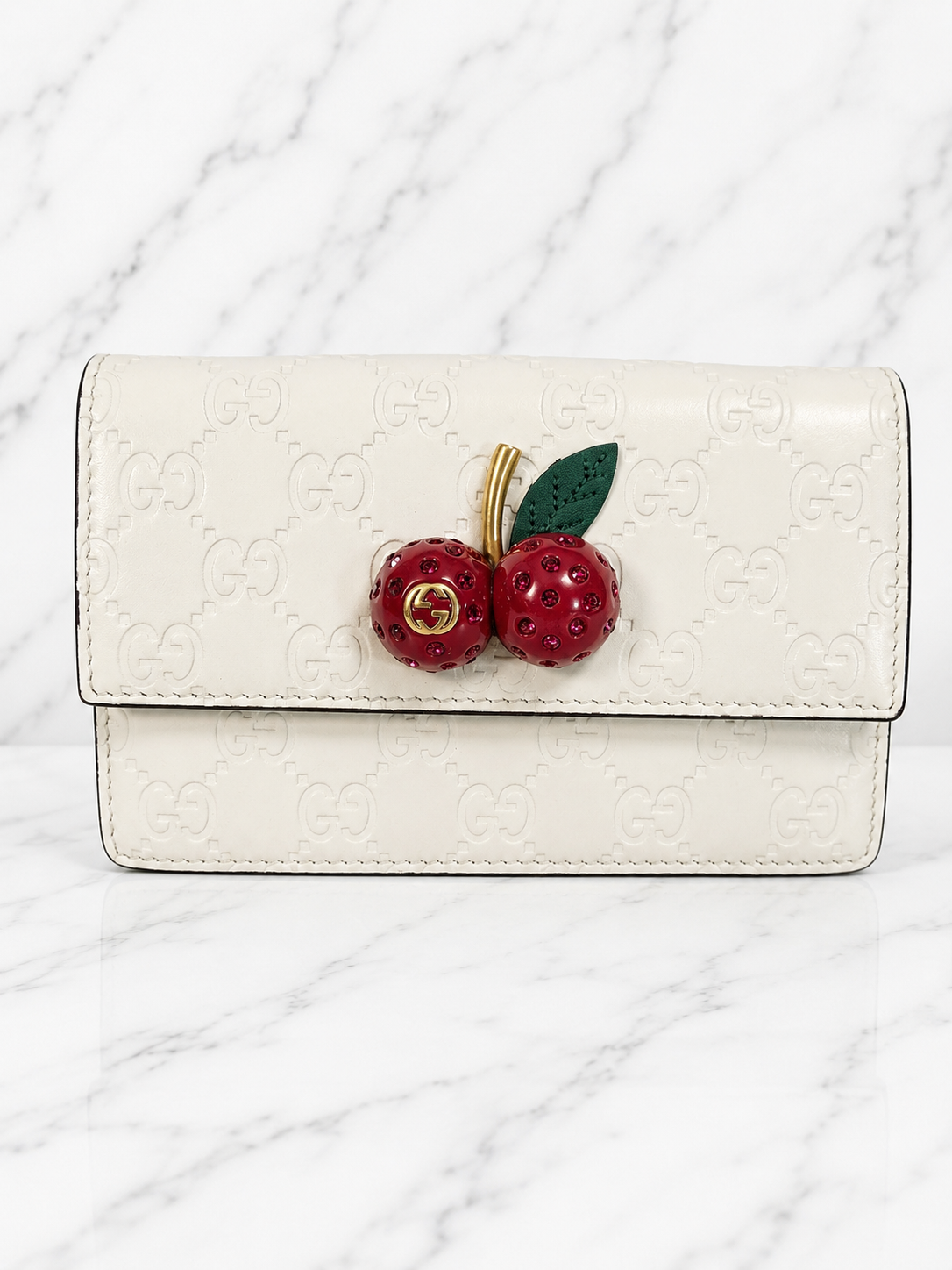 Gucci GG Leather Cherries Mini Bag White Gold Chain