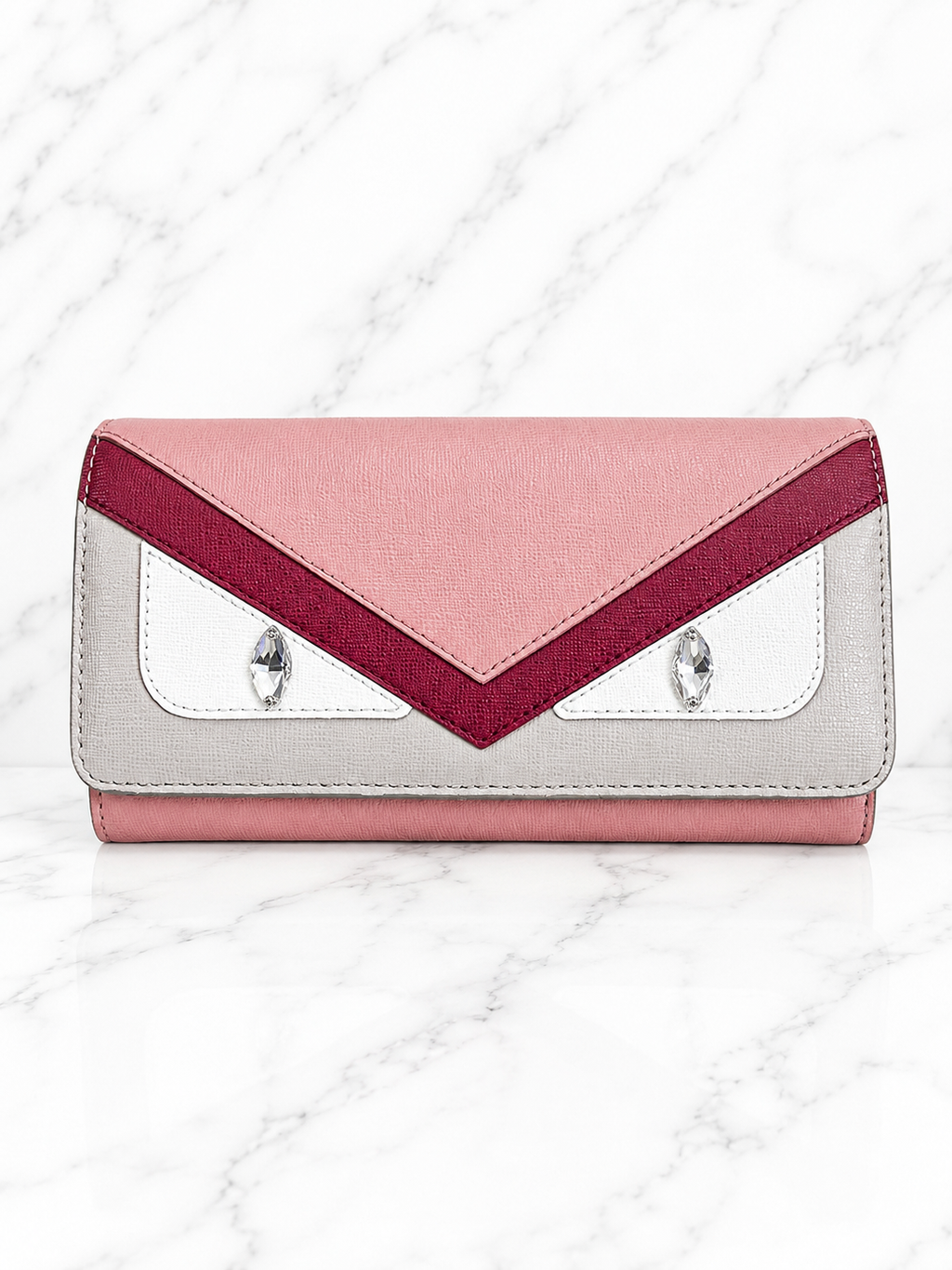 Fendi Vitello Elite Crystal Eye Monster Continental Wallet on Chain — Pink / Red / Grey