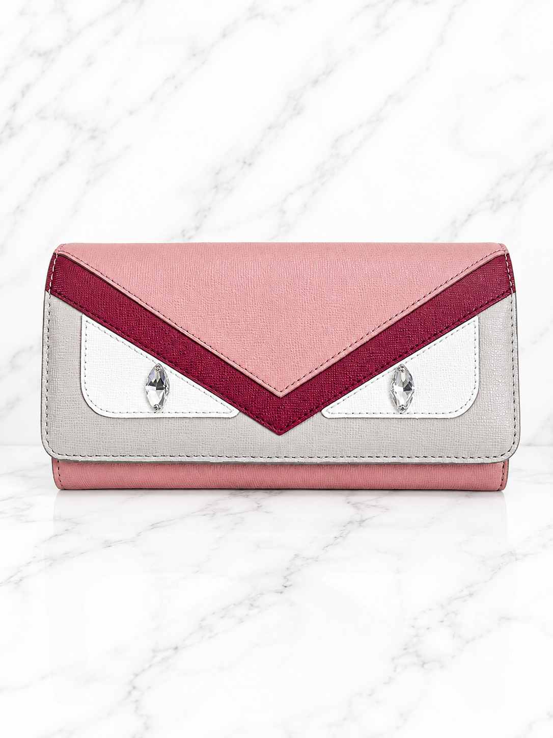 Fendi Vitello Elite Crystal Eye Monster Continental Wallet on Chain — Pink / Red / Grey