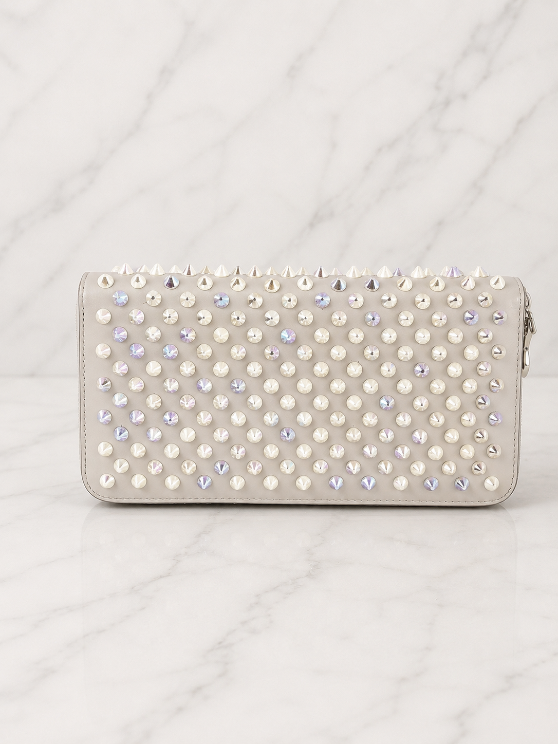 Christian Louboutin Panettone Off White Leather Zip Wallet Iridescent Studs