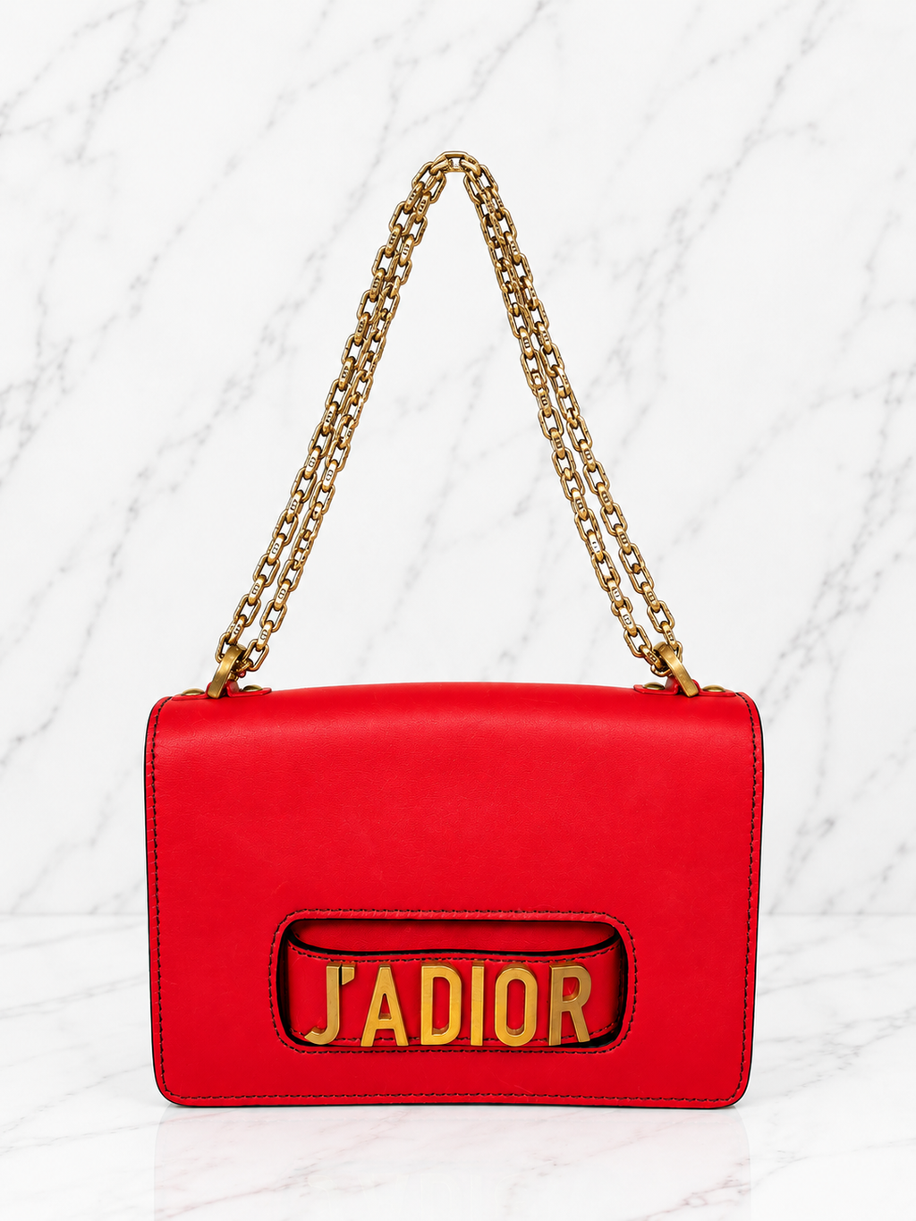 Christian Dior J'Adior Chain Flap Bag Red Smooth Leather Gold Hardware