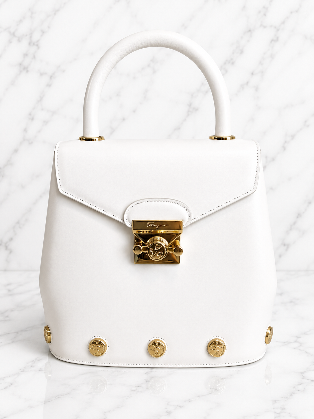 Salvatore Ferragamo Studded 2-Way Handbag White Leather Gold Studs