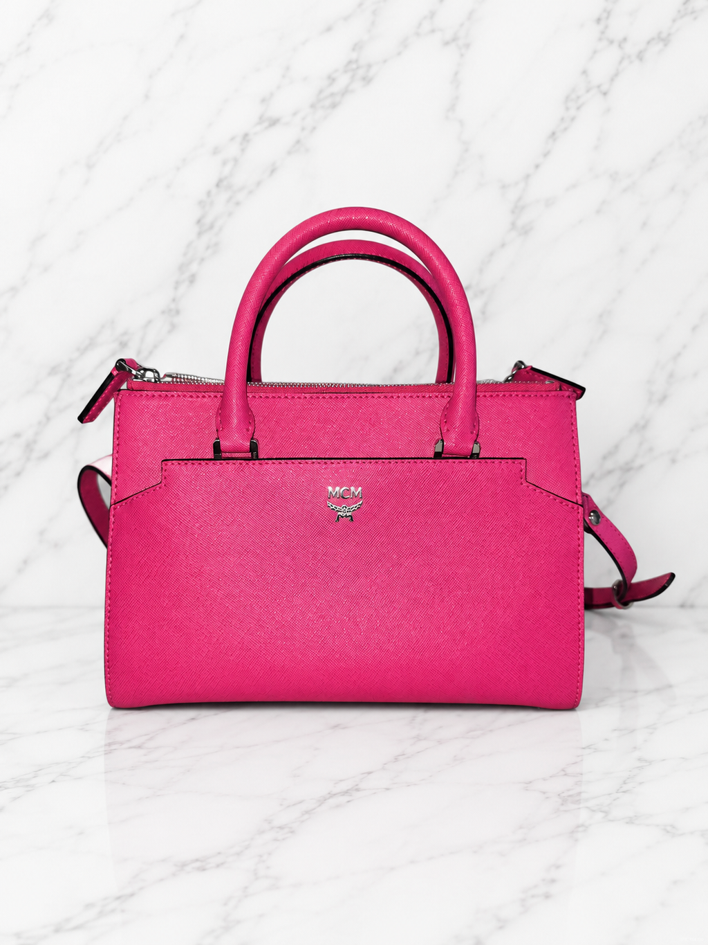MCM Saffiano Leather Shoulder Tote Bag Pink Magenta