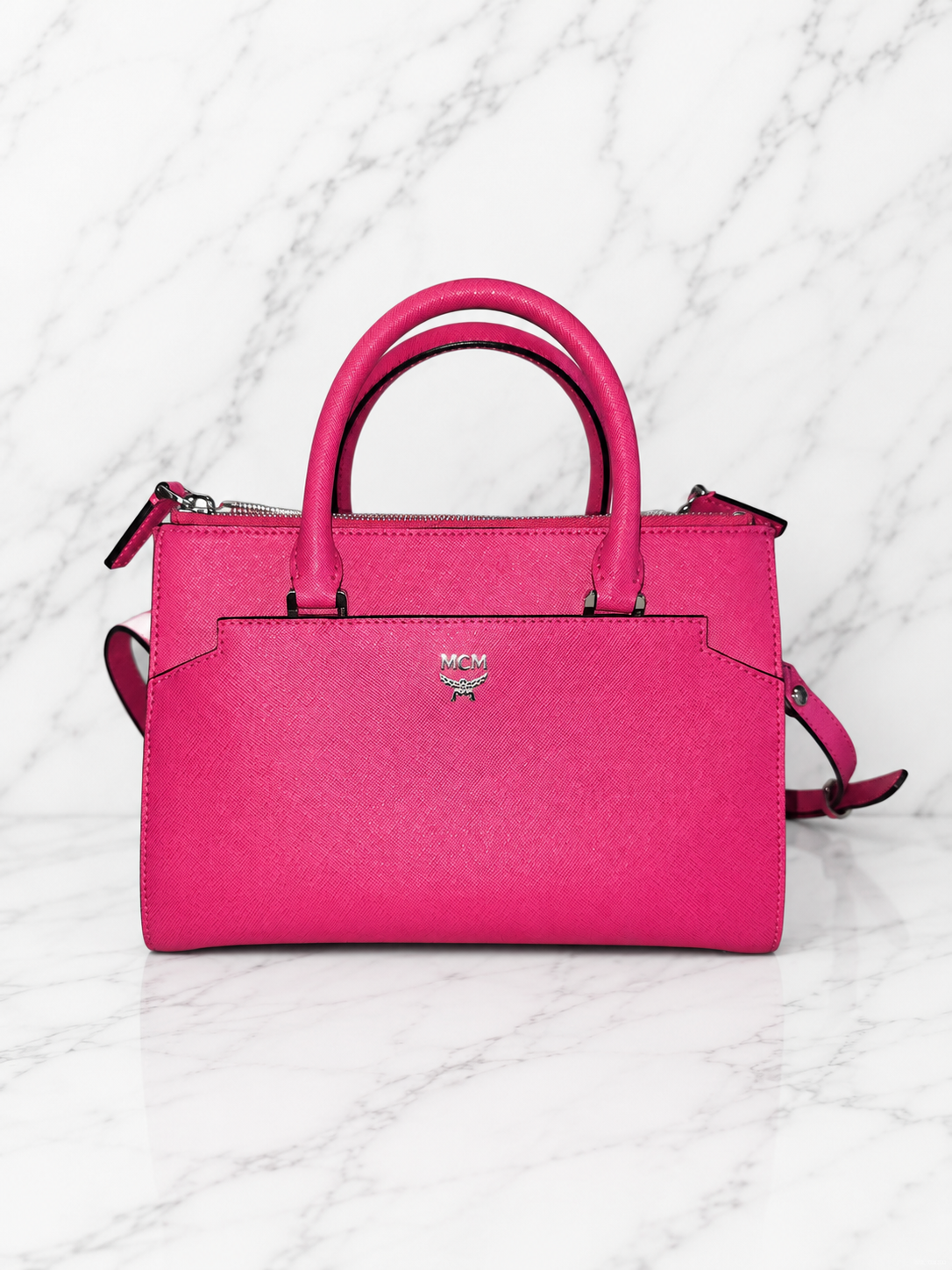 MCM Saffiano Leather Shoulder Tote Bag Pink Magenta