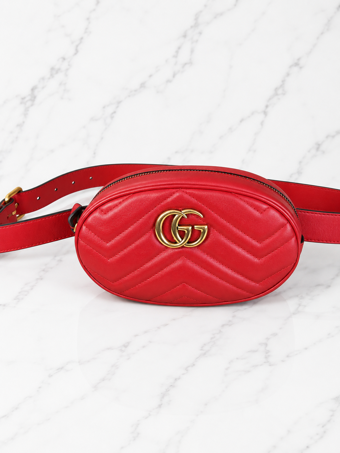 Gucci GG Marmont Matelassé Belt Bag Red Quilted Leather Gold Hardware
