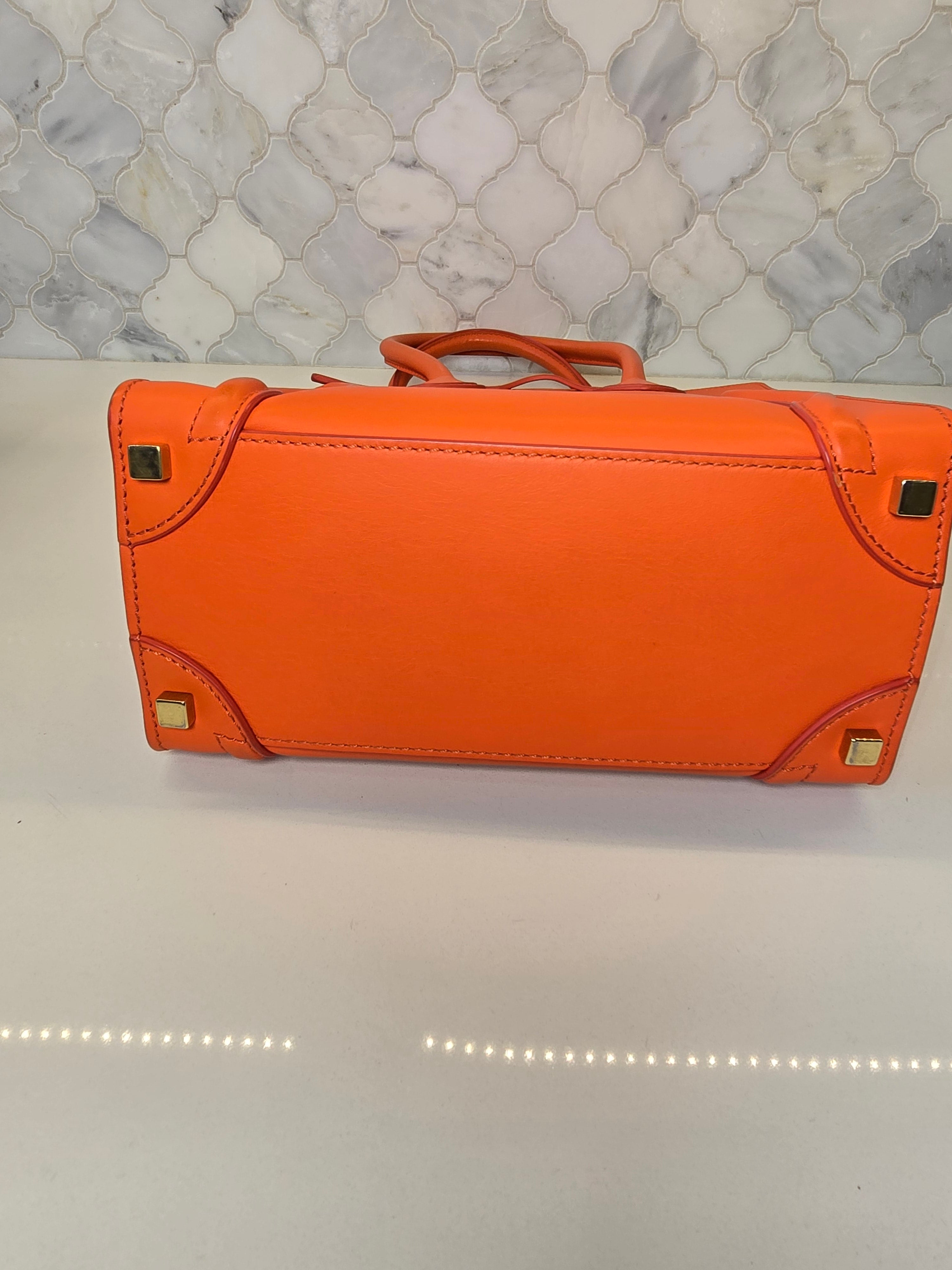 Céline Neon Orange Leather Mini Luggage Tote