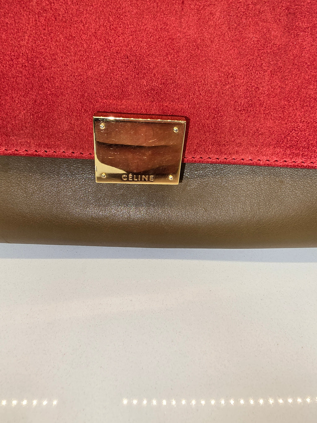 Céline Tricolor Leather and Suede Medium Trapeze Bag in Red, White and Brown