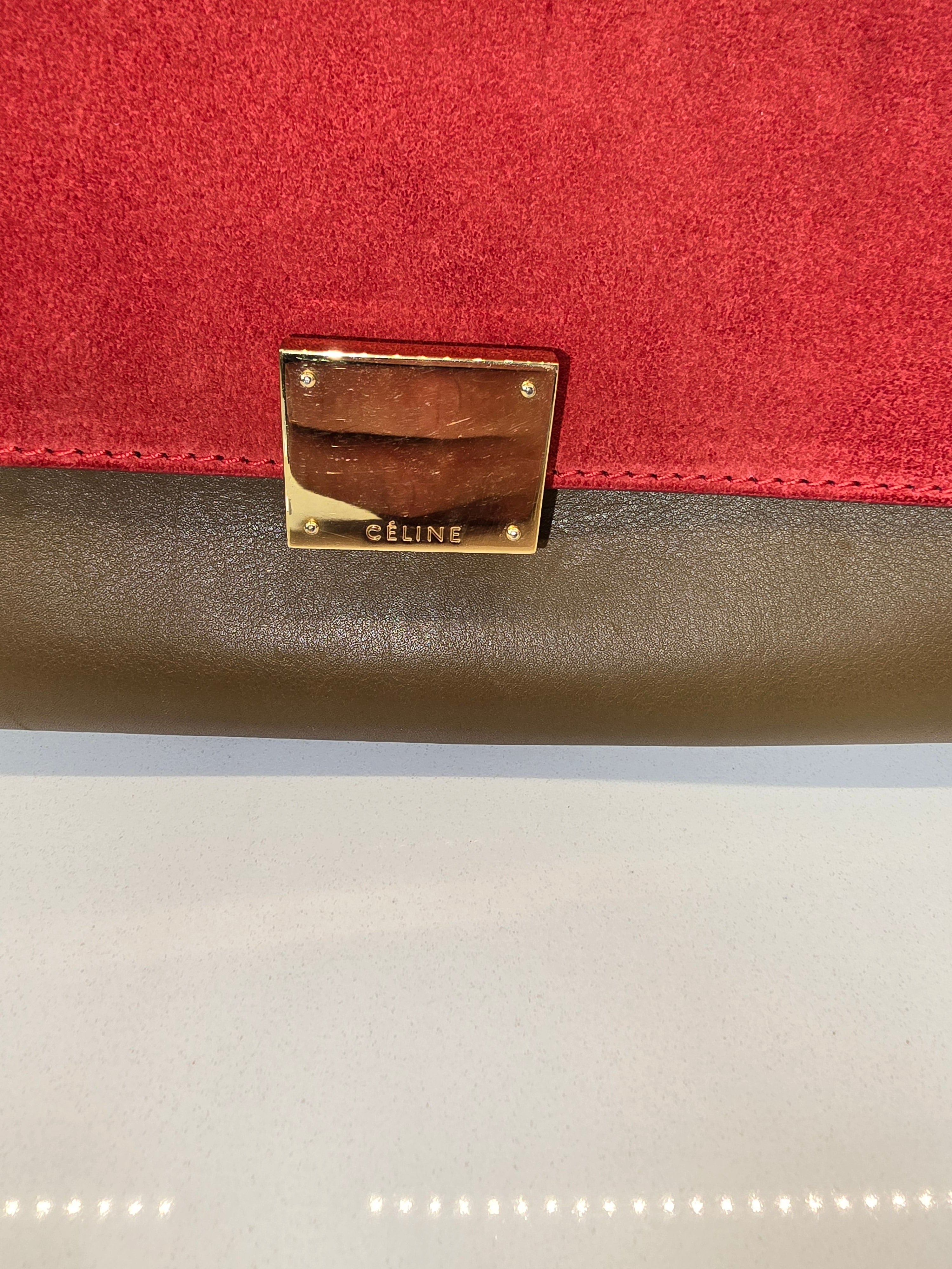 Céline Tricolor Leather and Suede Medium Trapeze Bag in Red, White and Brown