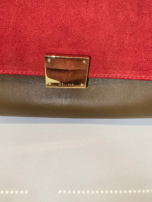 Céline Tricolor Leather and Suede Medium Trapeze Bag in Red, White and Brown