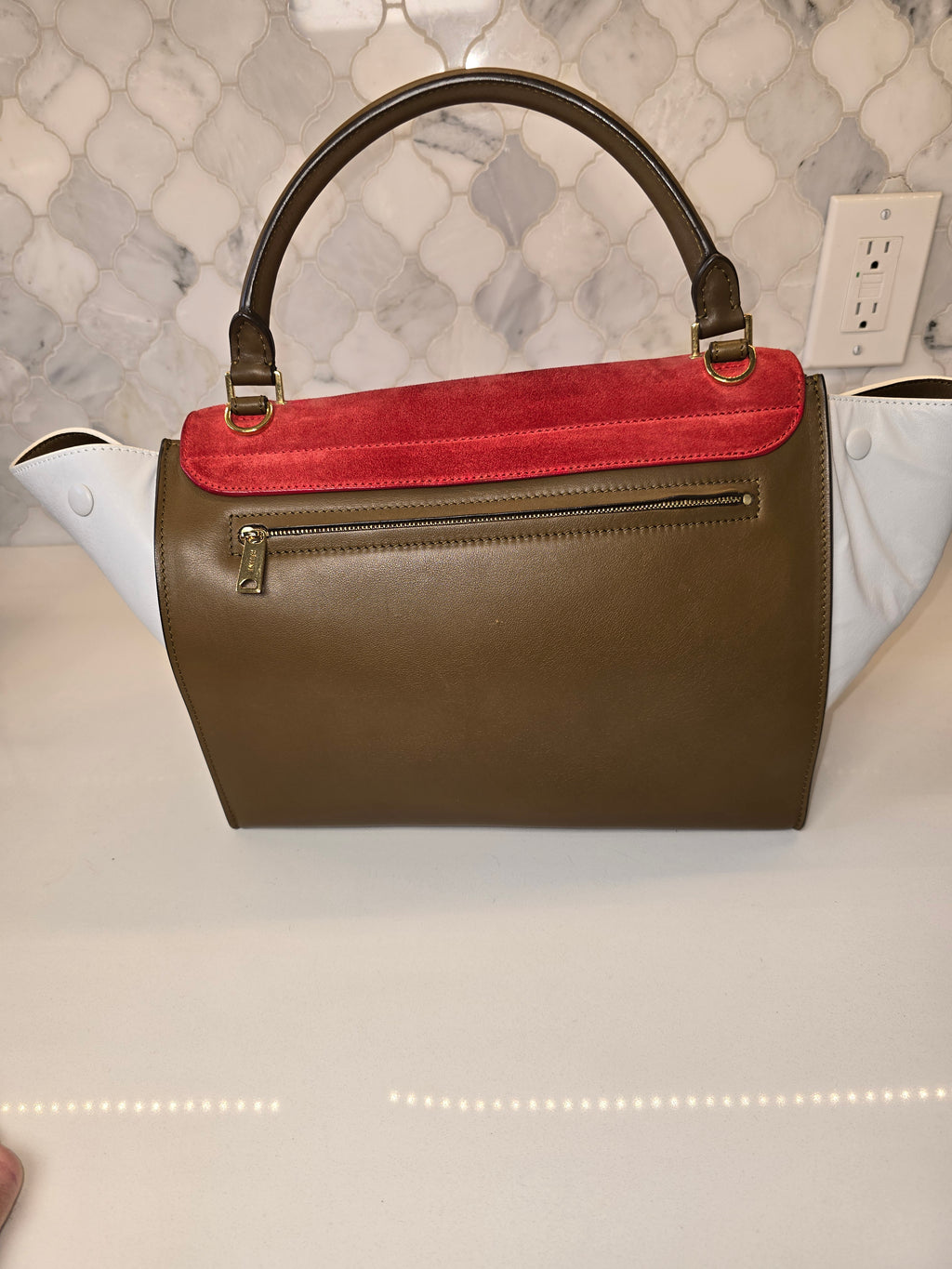 Céline Tricolor Leather and Suede Medium Trapeze Bag in Red, White and Brown