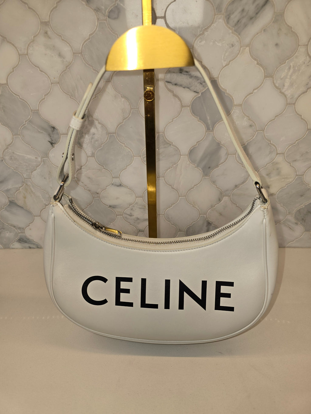 Celine Smooth Calfskin Ava Logo Shoulder Bag – White