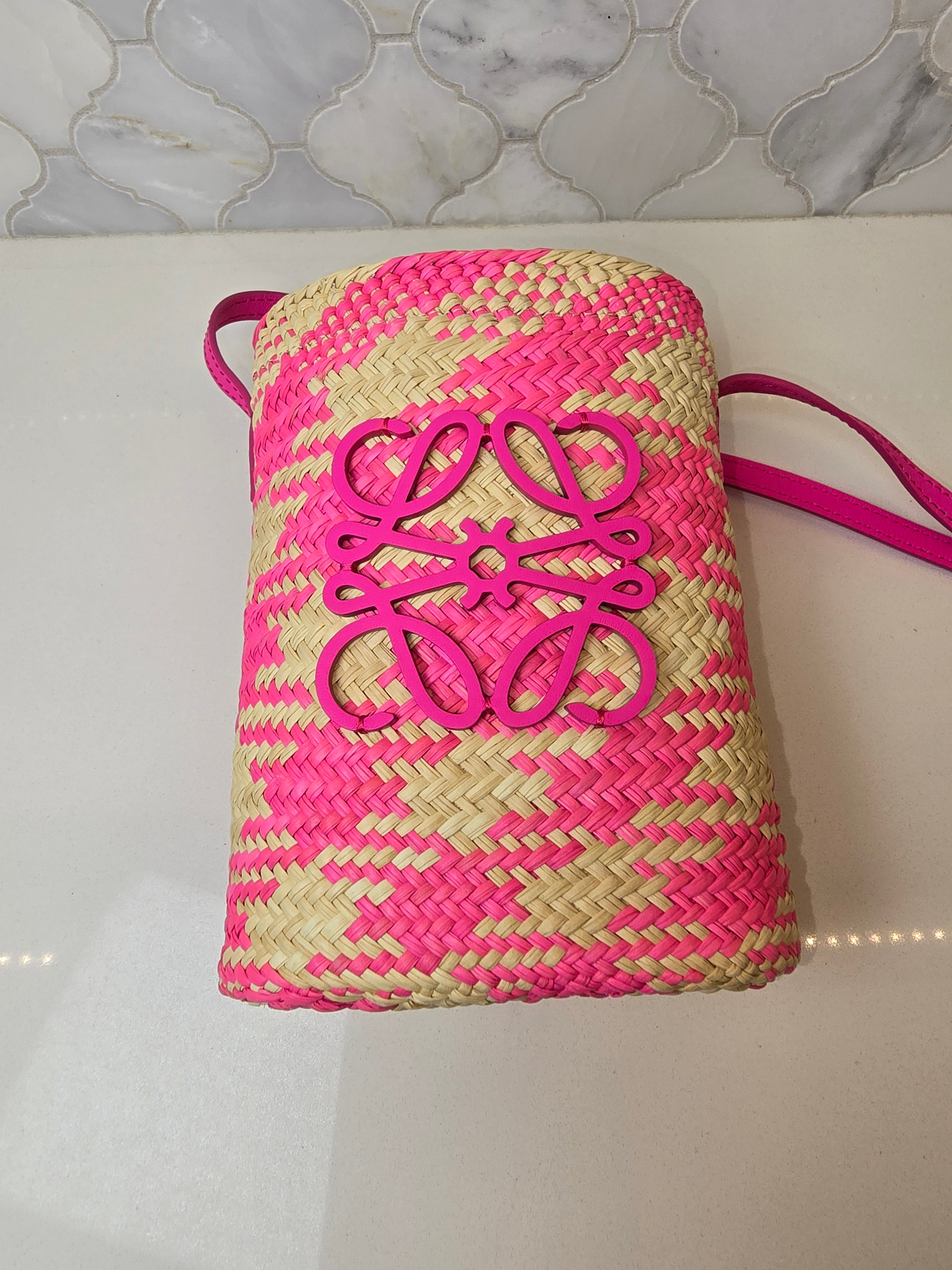 Loewe Raffia Anagram Bag – Pink Plaid