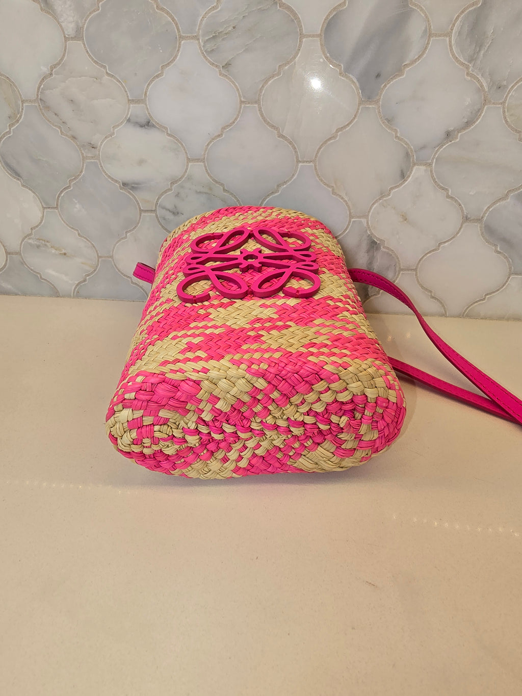 Loewe Raffia Anagram Bag – Pink Plaid