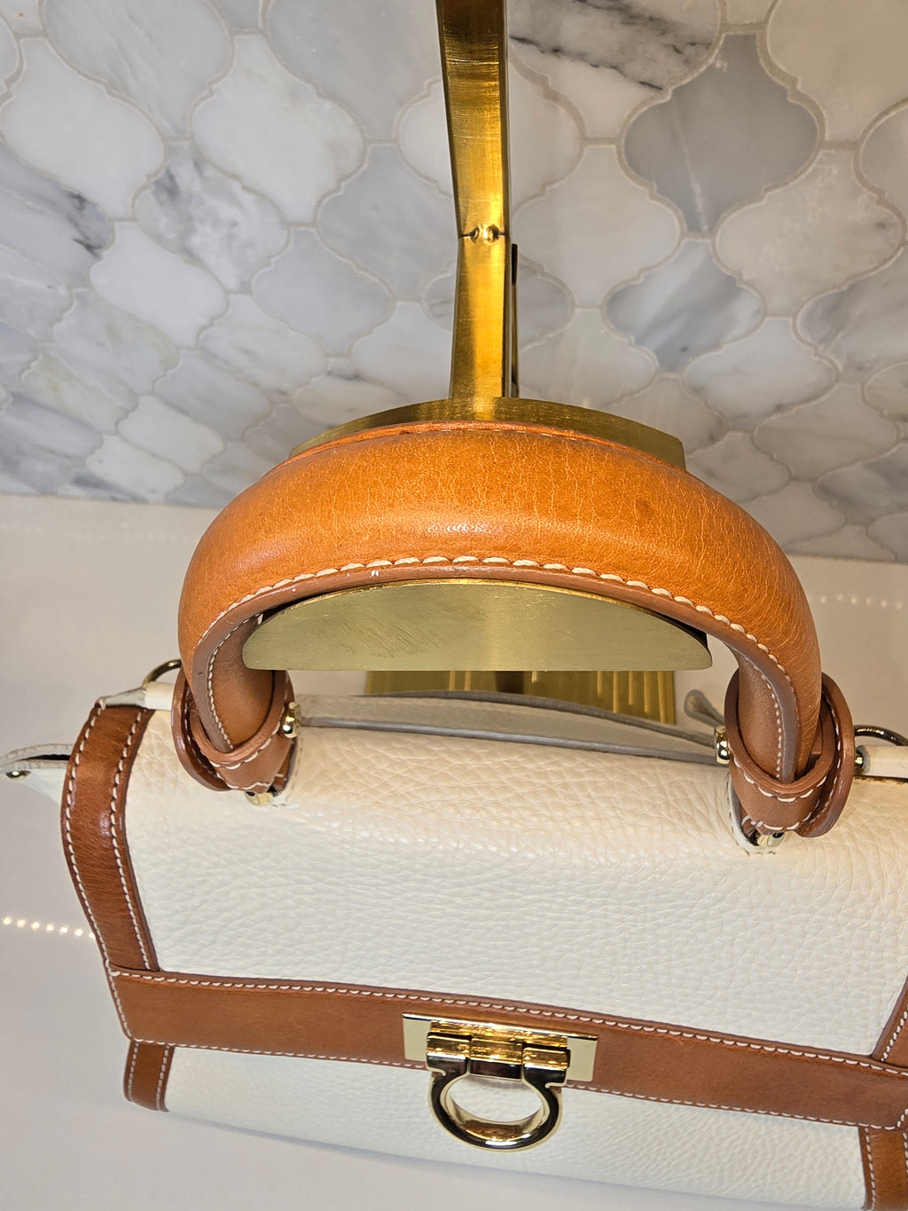 Salvatore Ferragamo Sofia Satchel in Cream and Brown