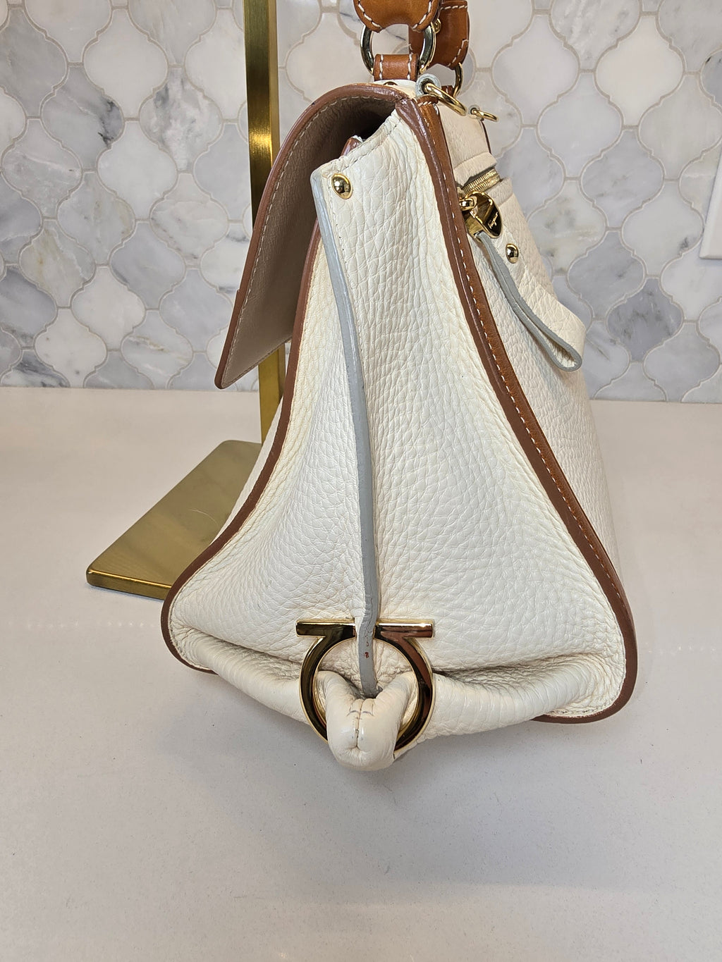 Salvatore Ferragamo Sofia Satchel in Cream and Brown