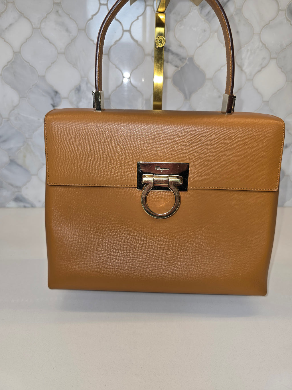 Salvatore Ferragamo Gancini Top Handle Bag – Tan