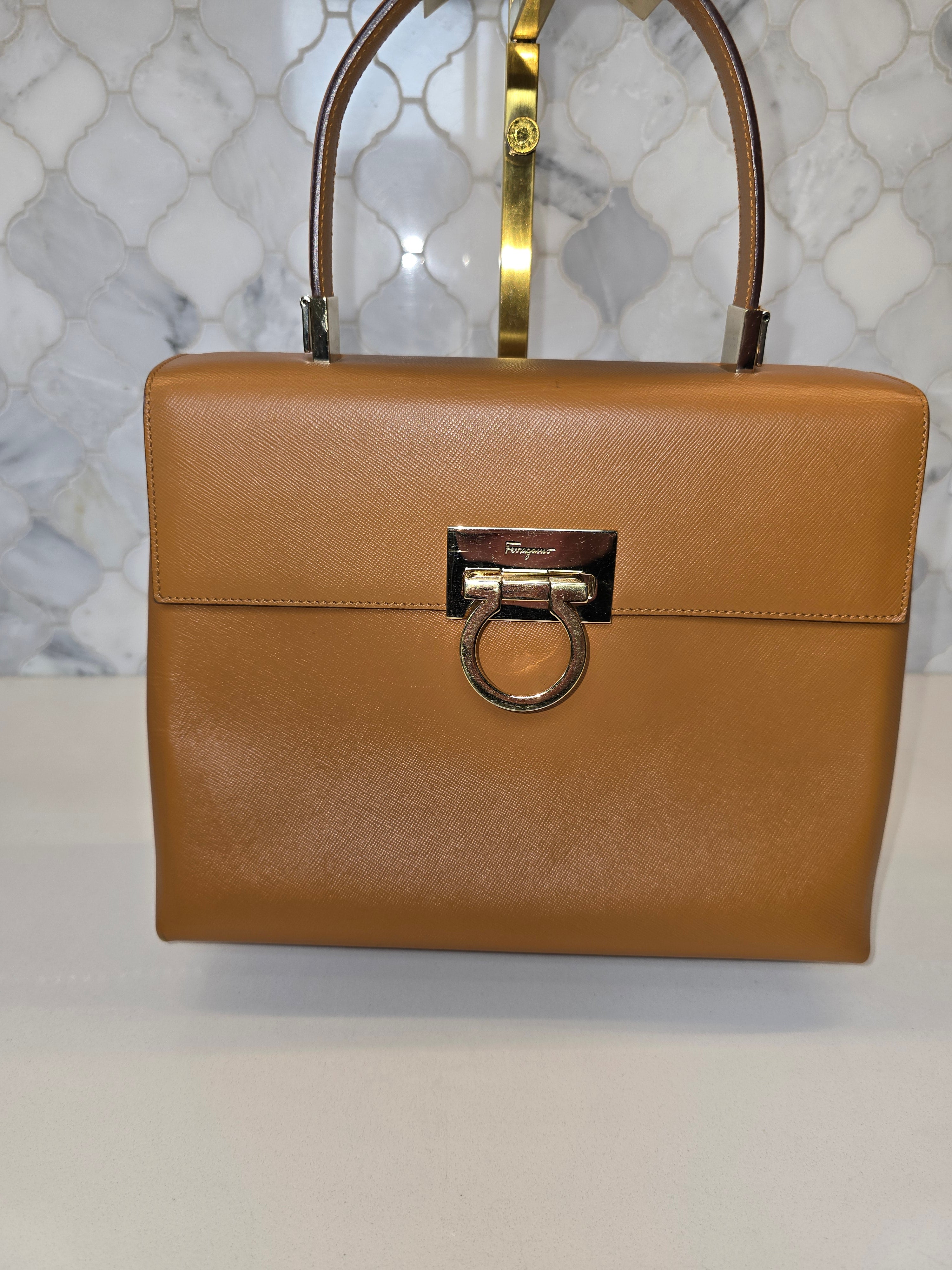 Salvatore Ferragamo Gancini Top Handle Bag – Tan