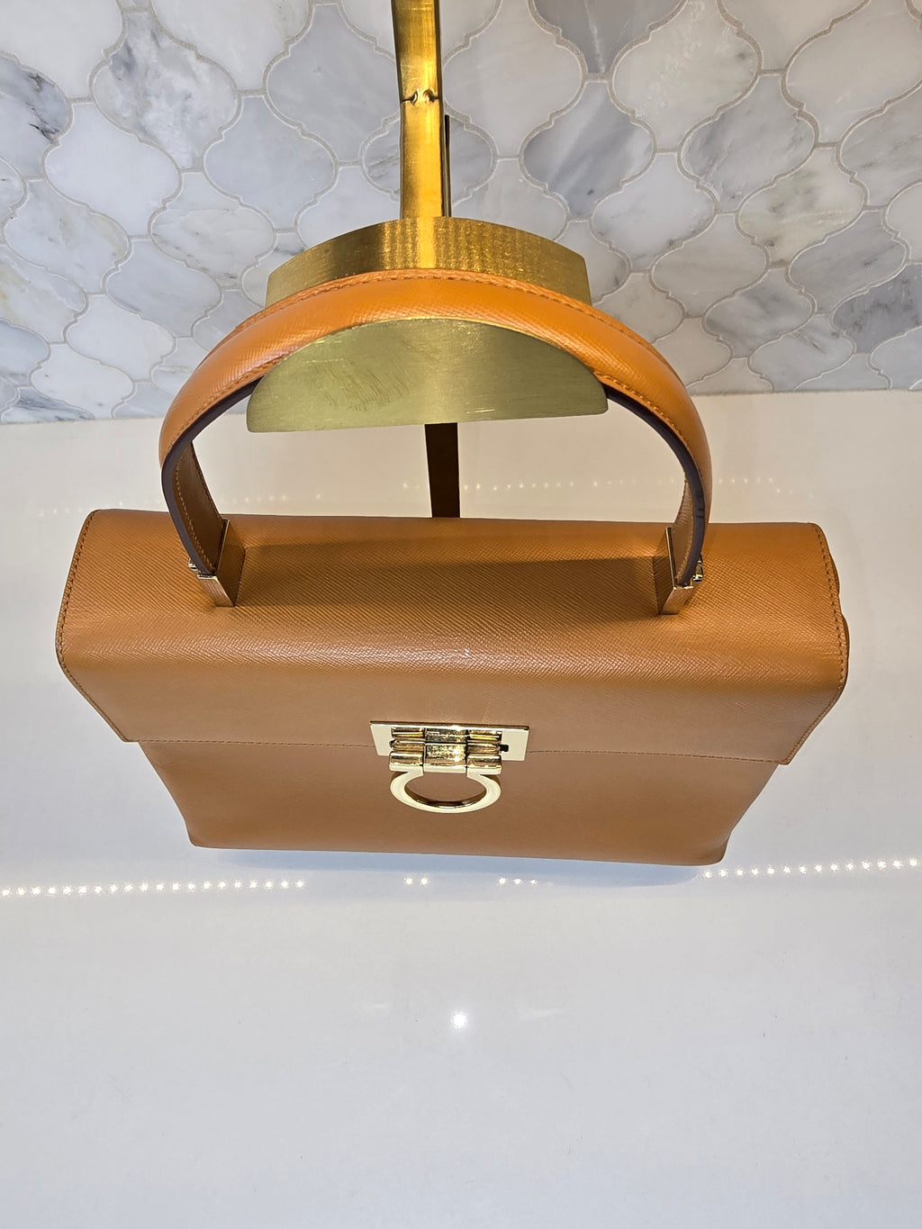 Salvatore Ferragamo Gancini Top Handle Bag – Tan