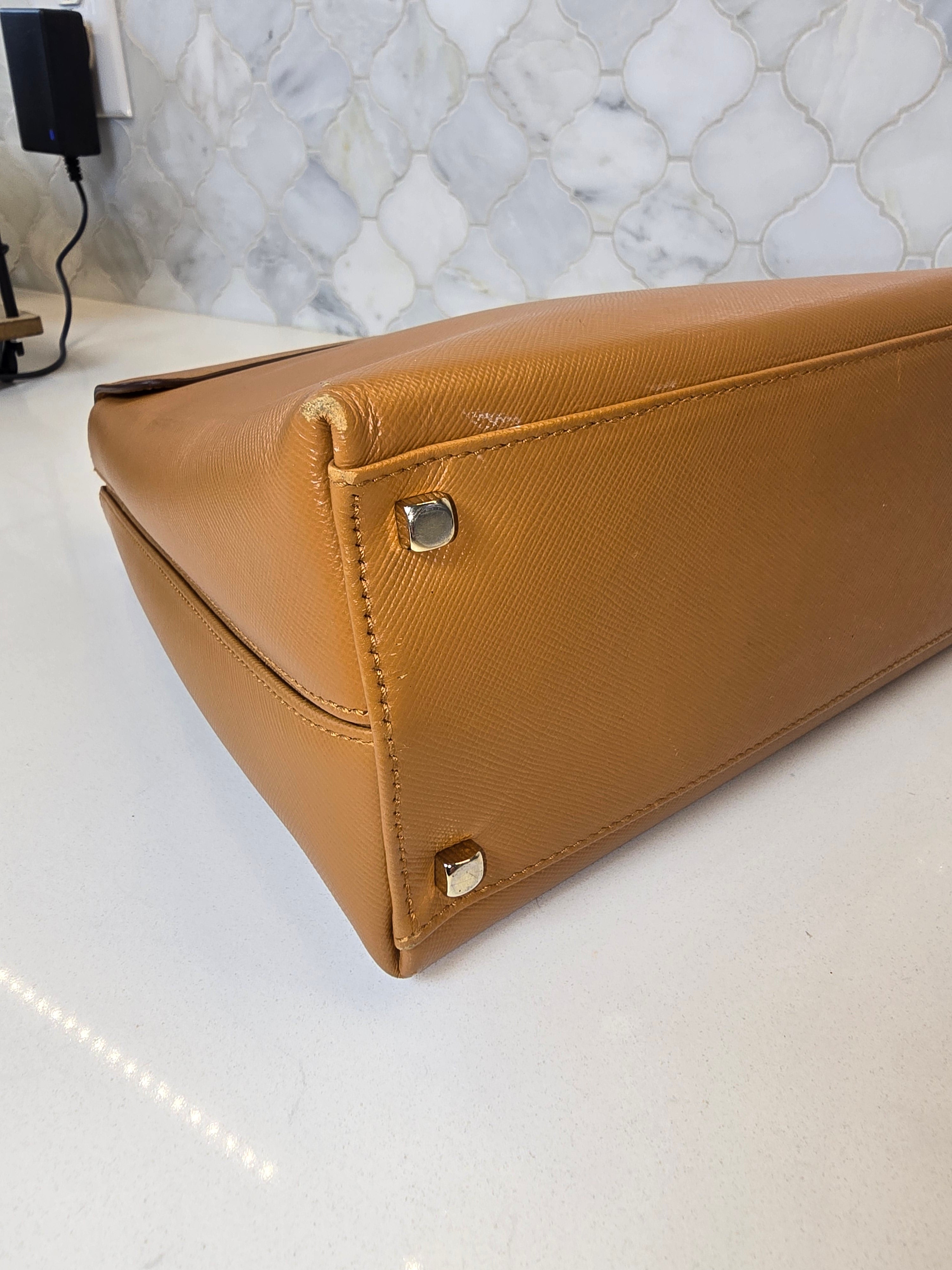 Salvatore Ferragamo Gancini Top Handle Bag – Tan
