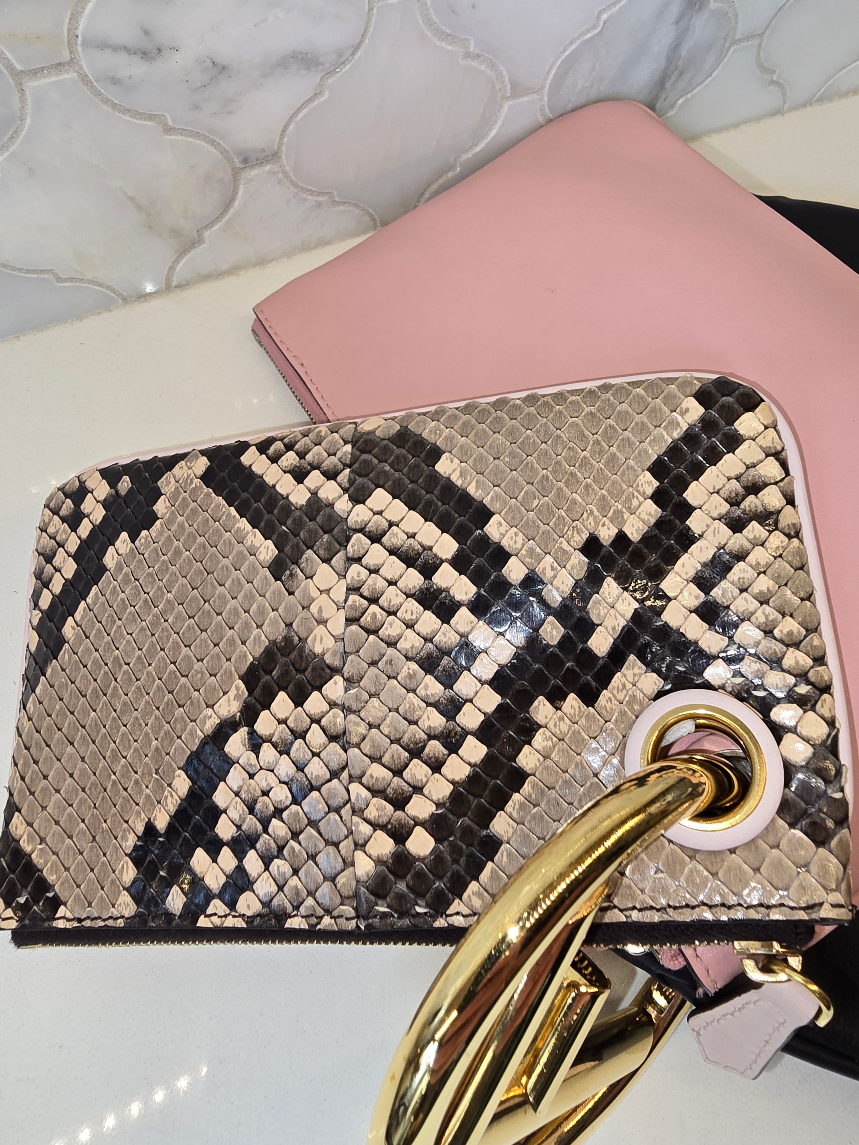 Fendi Triplet Clutch Bag – Black Leather & Pink Snakeskin