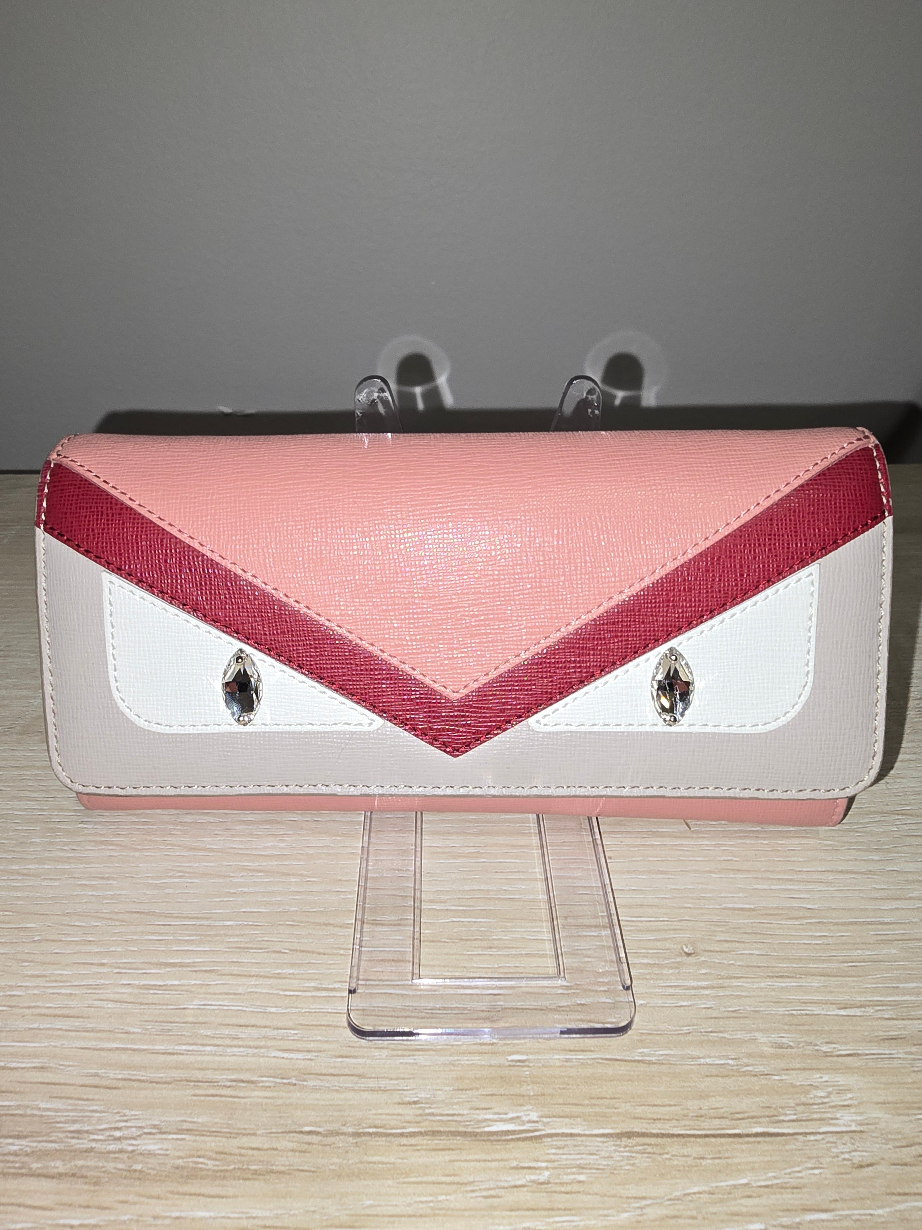 Fendi Leather Monster Wallet with Chain in Pink, Red and Grey
