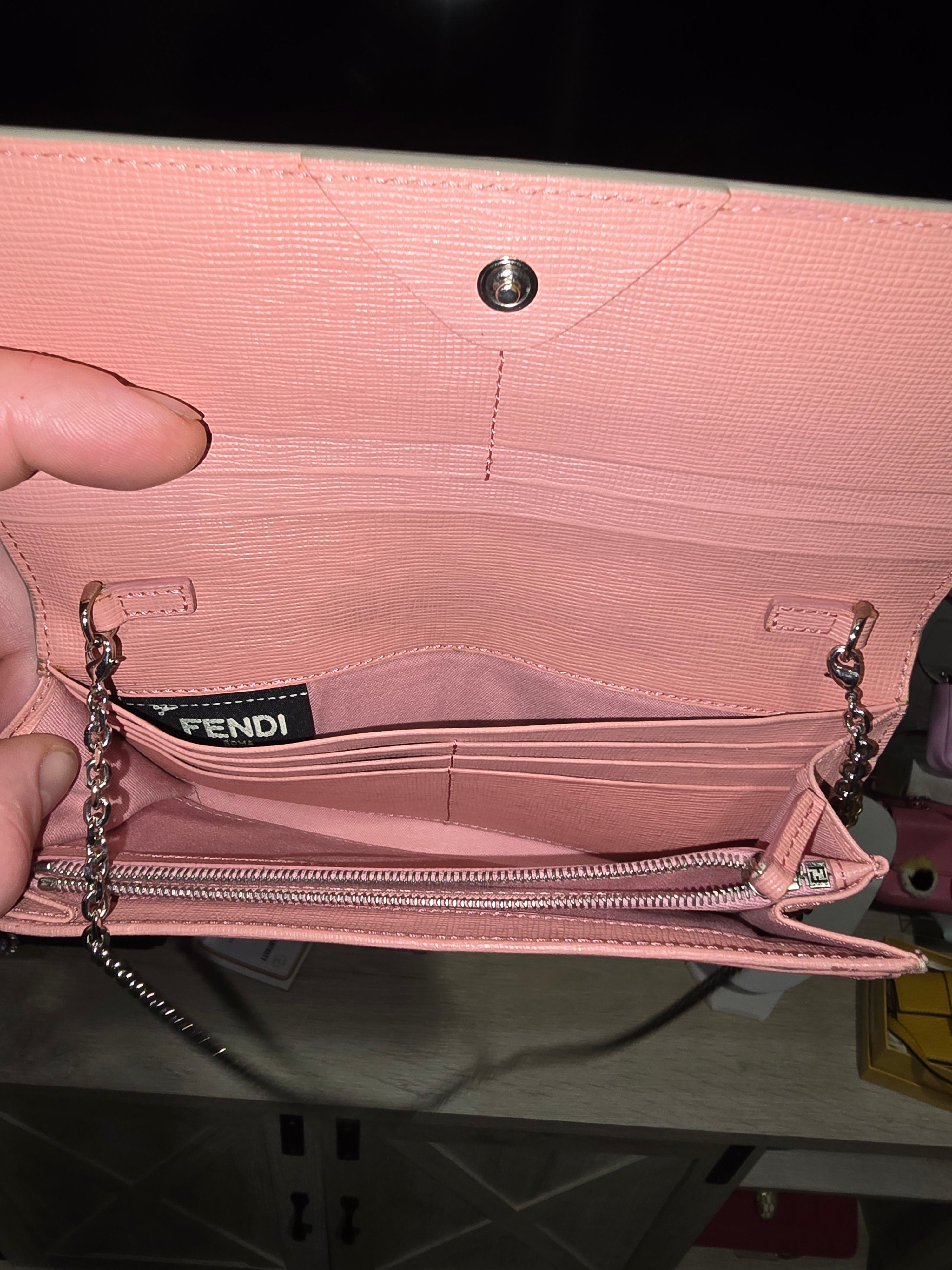Fendi Leather Monster Wallet with Chain in Pink, Red and Grey