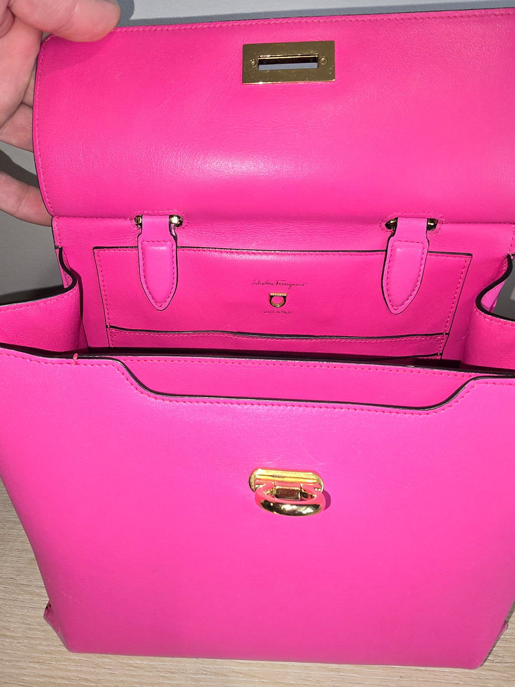 Salvatore Ferragamo Trifolio Large Leather Two Way Bag in Pink and Gold