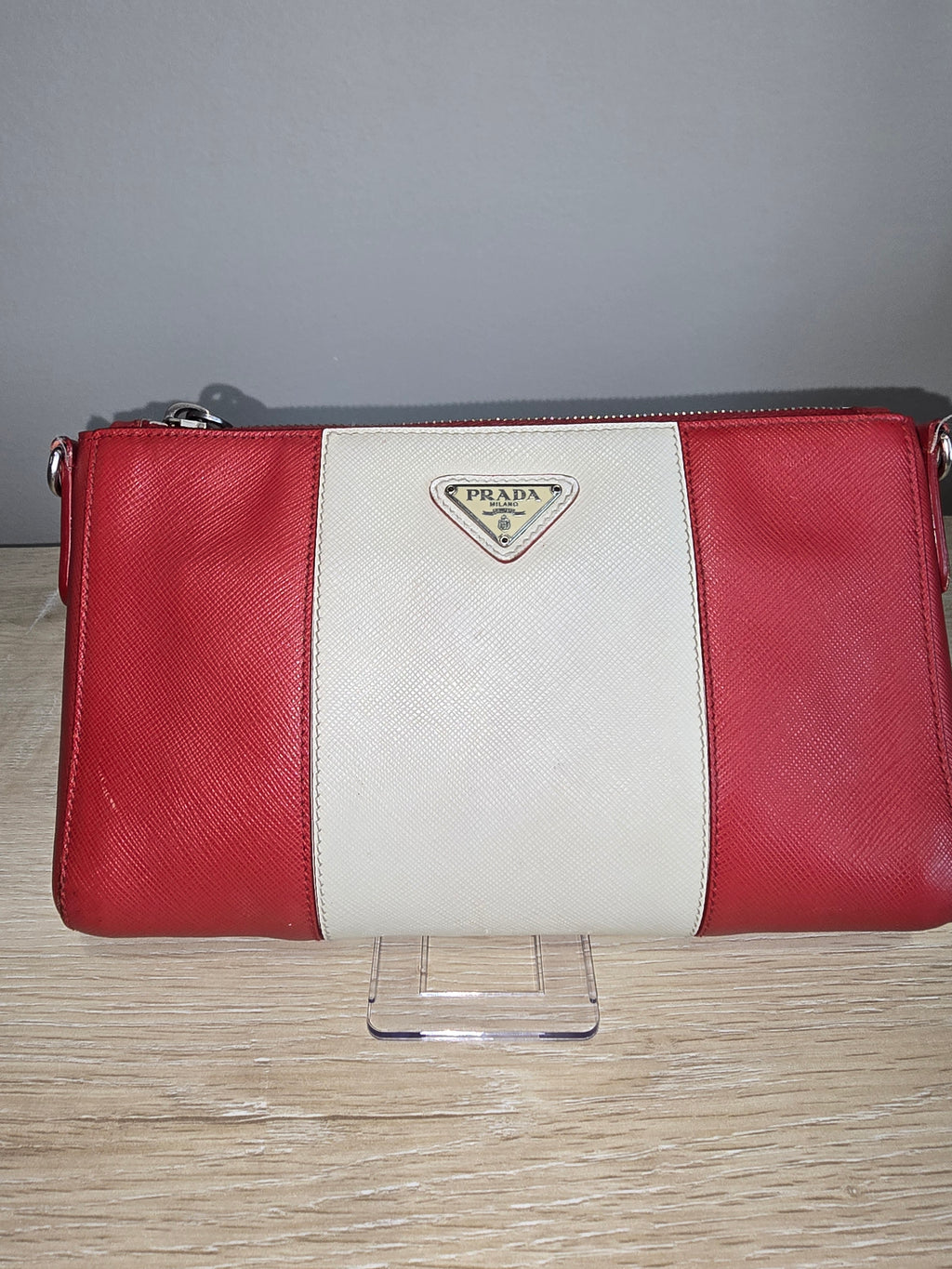 Prada Saffiano Lux Crossbody — Red & White