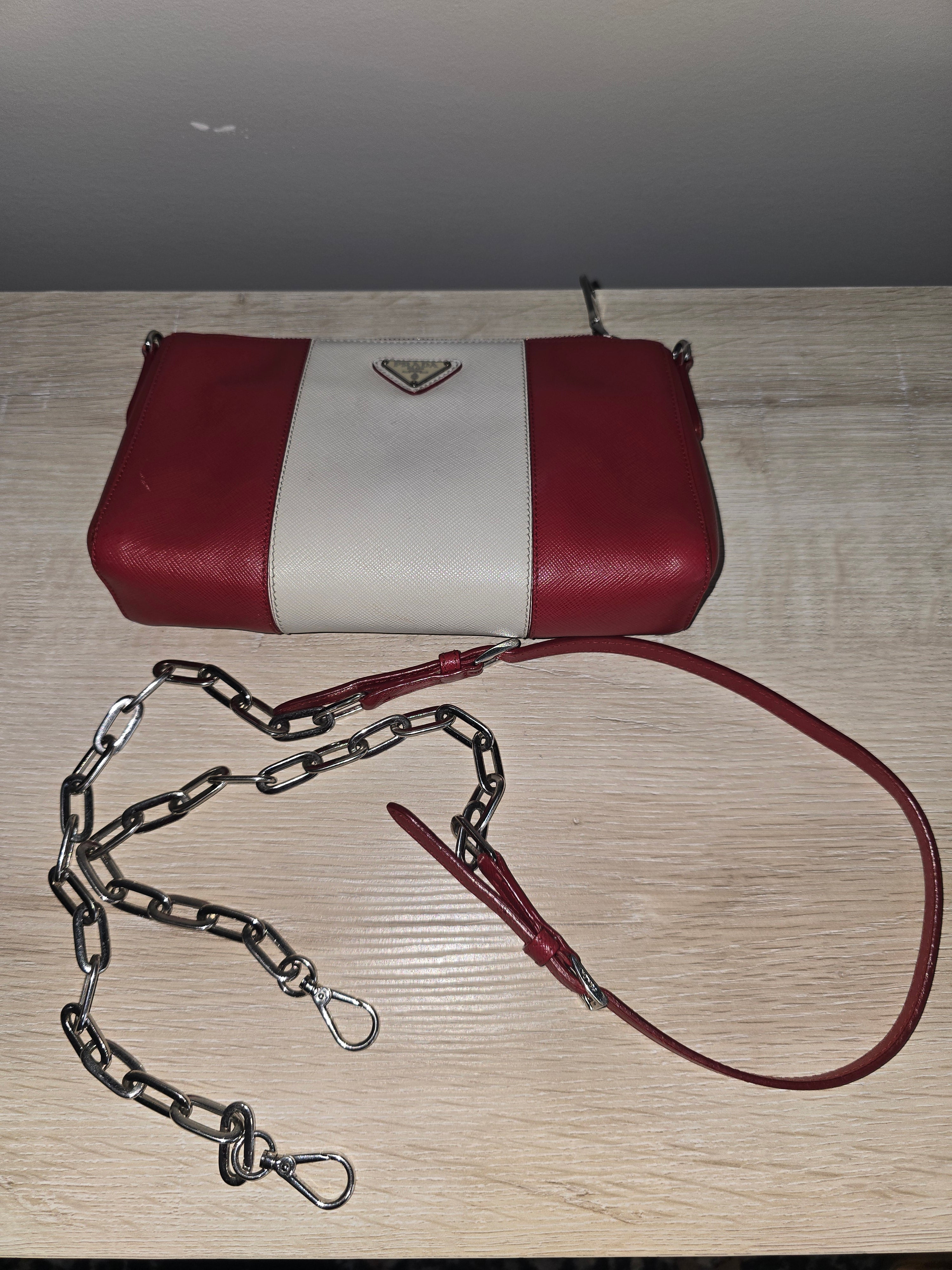 Prada Saffiano Lux Crossbody — Red & White
