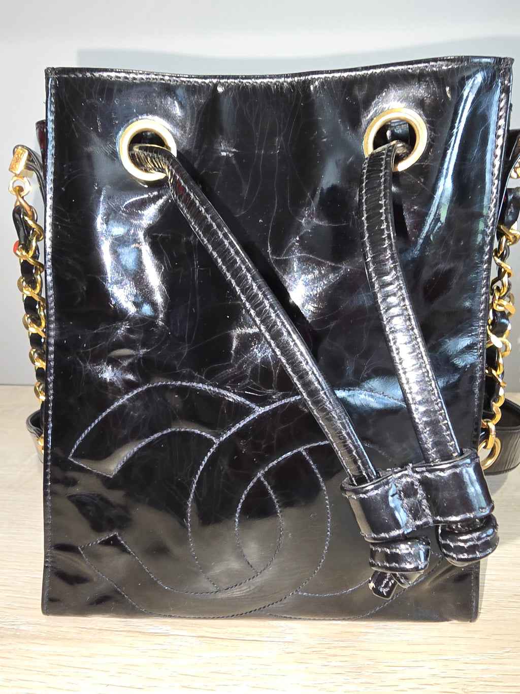 Chanel Black Patent Leather Bucket Bag