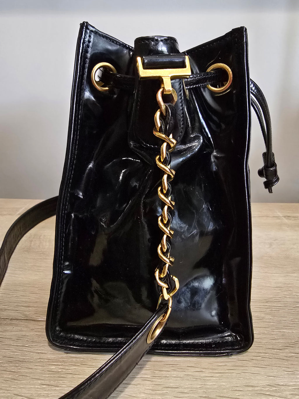 Chanel Black Patent Leather Bucket Bag
