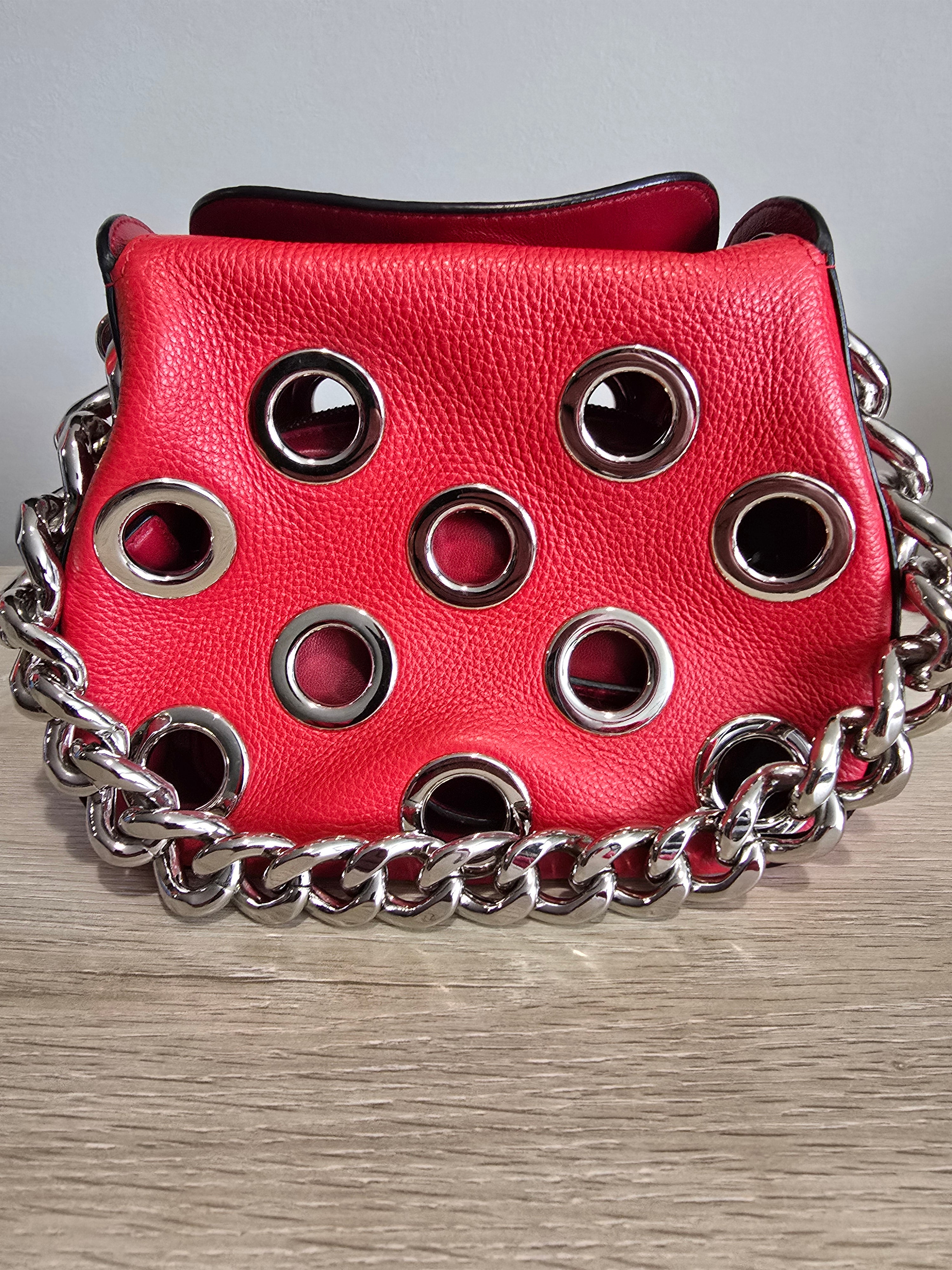 Prada Grommet Chain Shoulder Bag — Red Vitello Daino