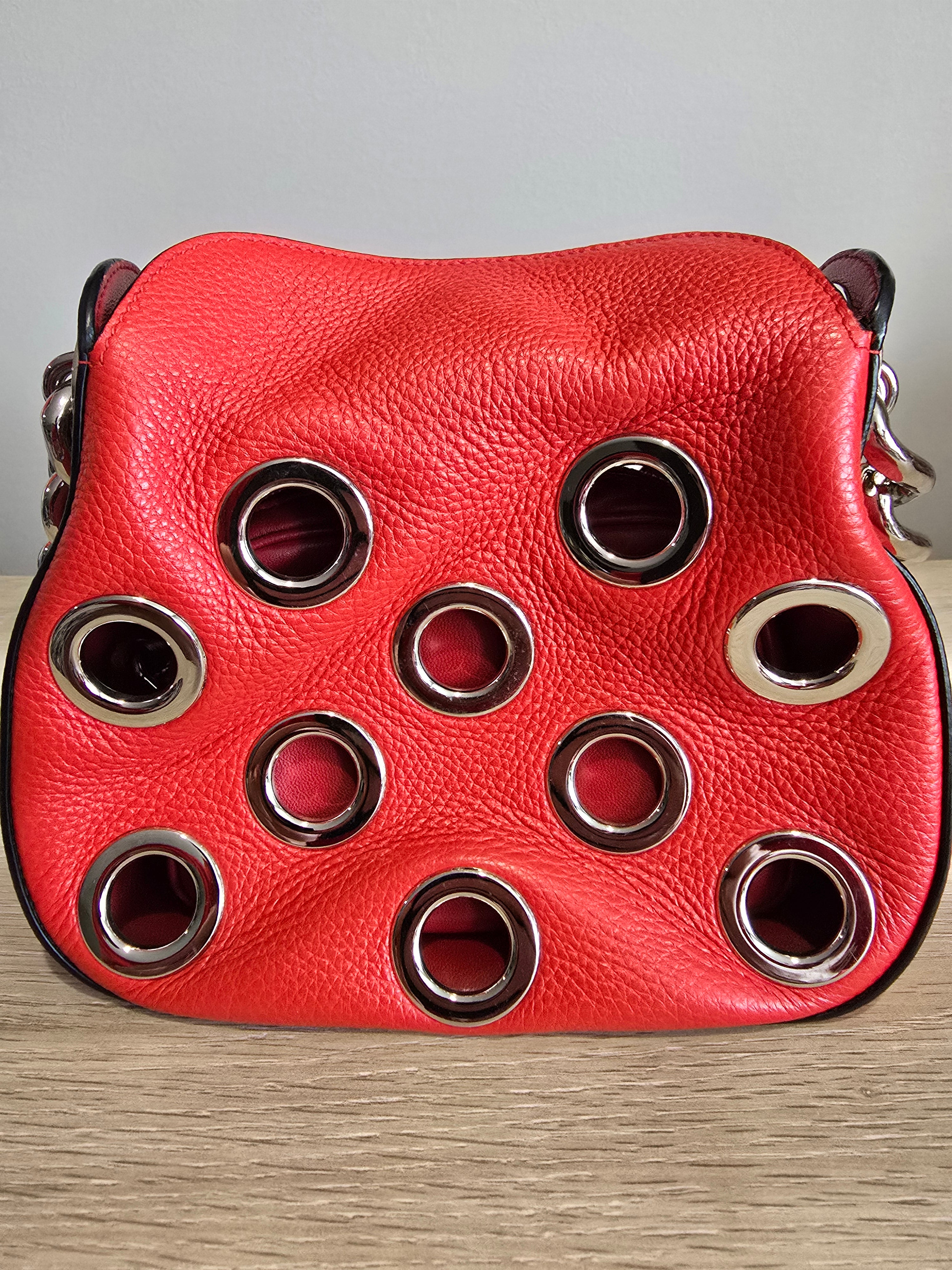 Prada Grommet Chain Shoulder Bag — Red Vitello Daino