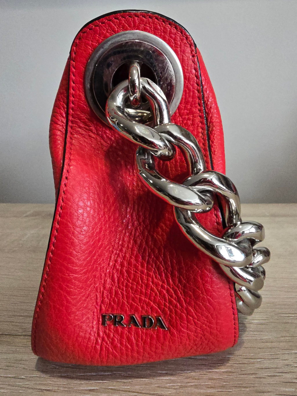 Prada Grommet Chain Shoulder Bag — Red Vitello Daino