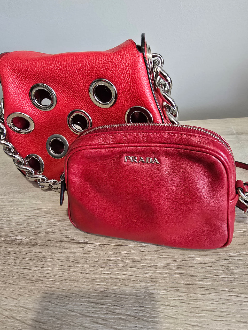 Prada Grommet Chain Shoulder Bag — Red Vitello Daino