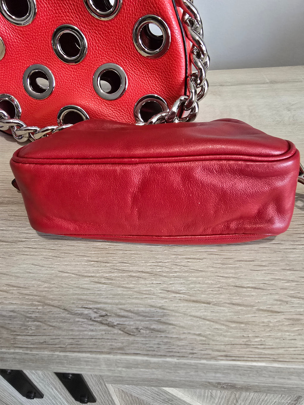 Prada Grommet Chain Shoulder Bag — Red Vitello Daino