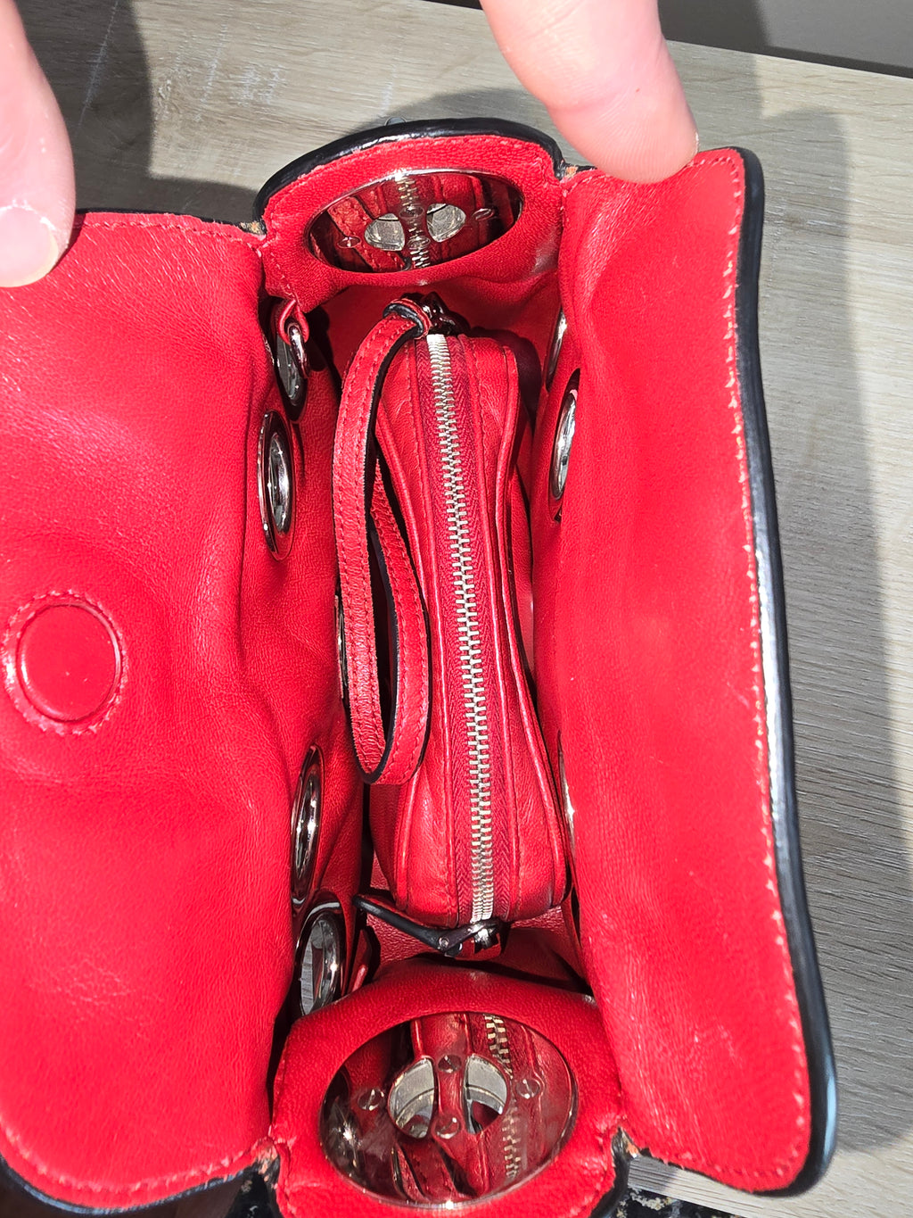 Prada Grommet Chain Shoulder Bag — Red Vitello Daino