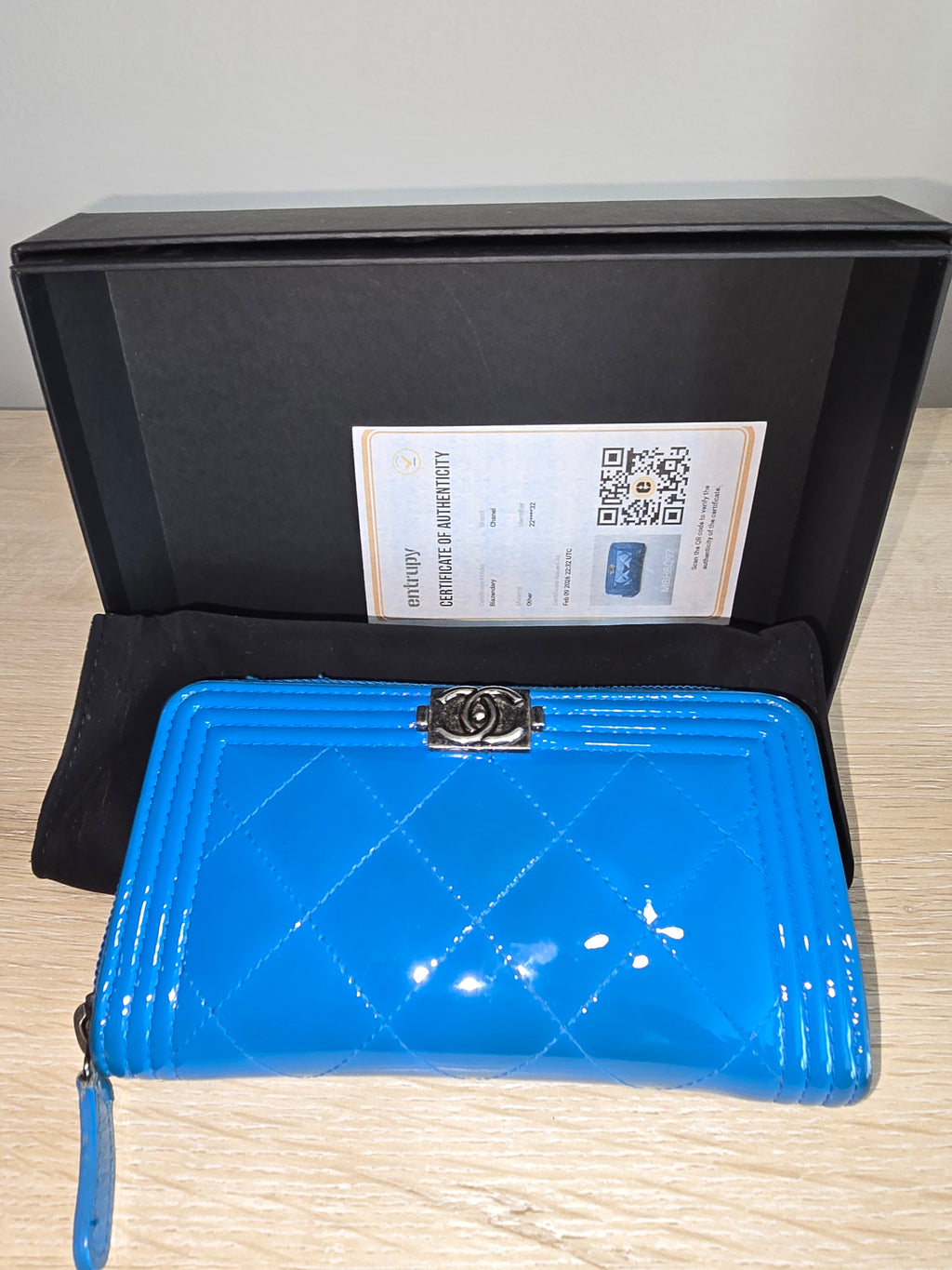 Chanel Quilted Boy Zip Around Wallet — Blue Patent Leather