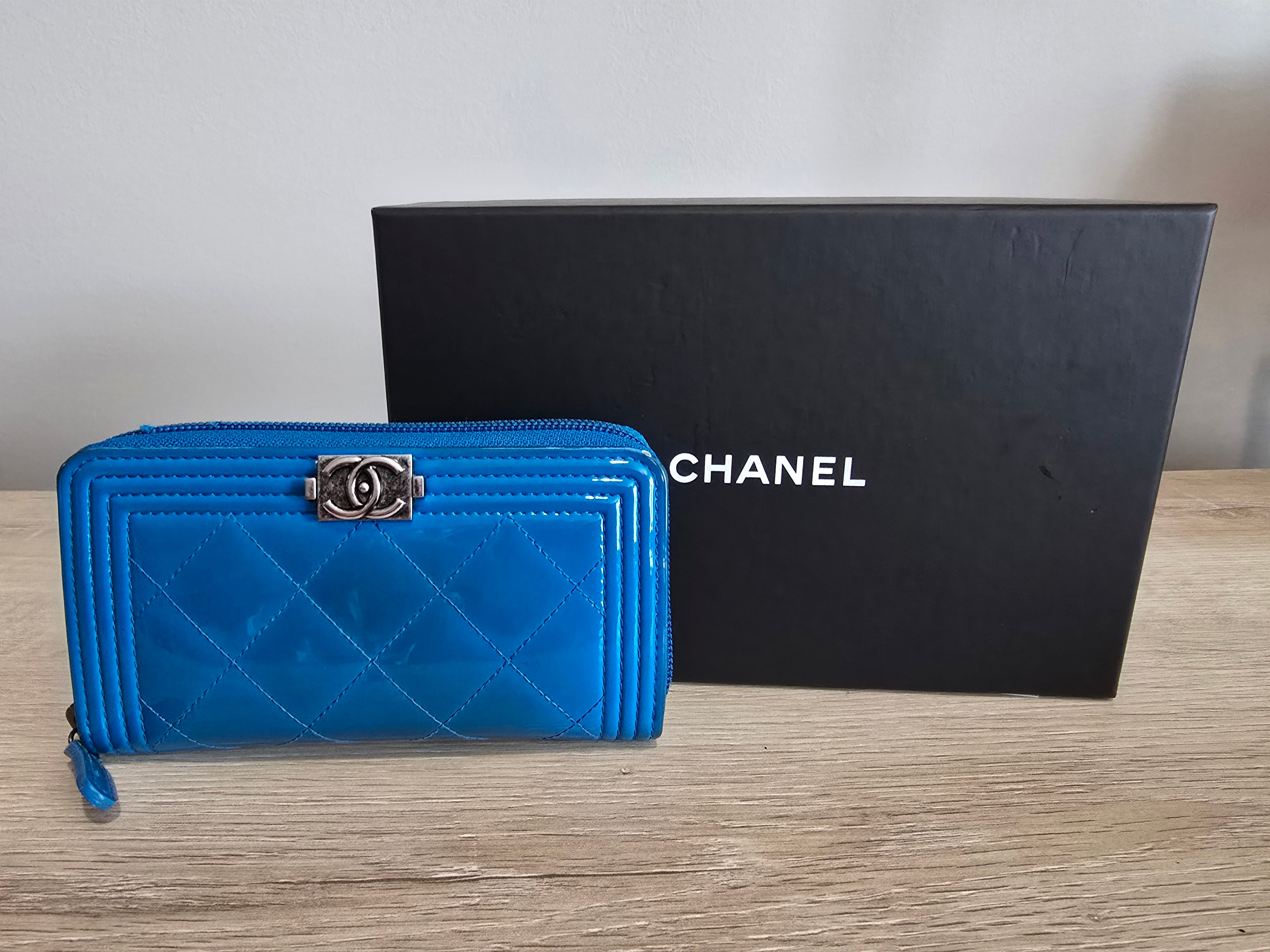 Chanel Quilted Boy Zip Around Wallet — Blue Patent Leather
