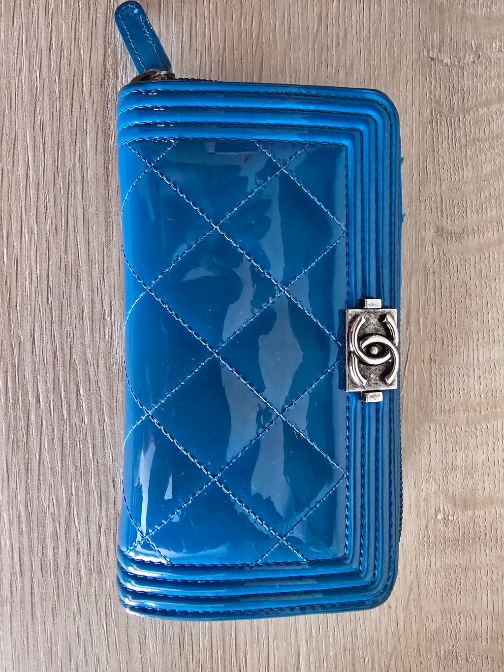 Chanel Quilted Boy Zip Around Wallet — Blue Patent Leather