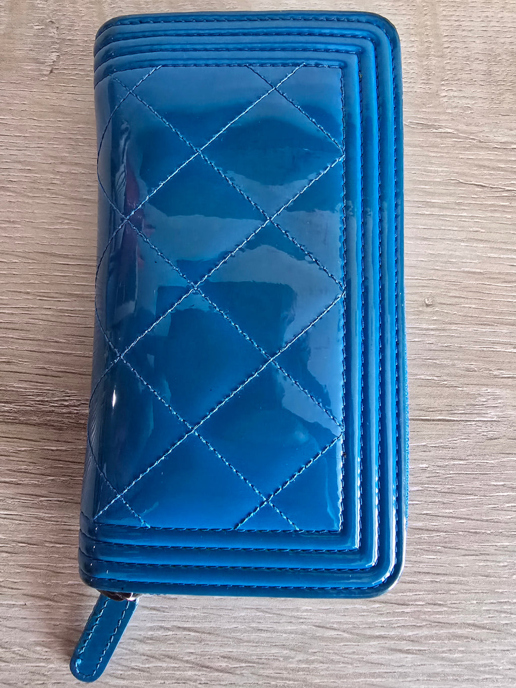 Chanel Quilted Boy Zip Around Wallet — Blue Patent Leather