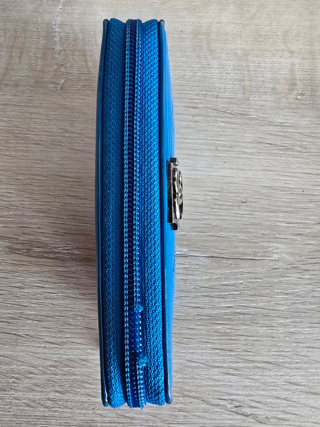 Chanel Quilted Boy Zip Around Wallet — Blue Patent Leather