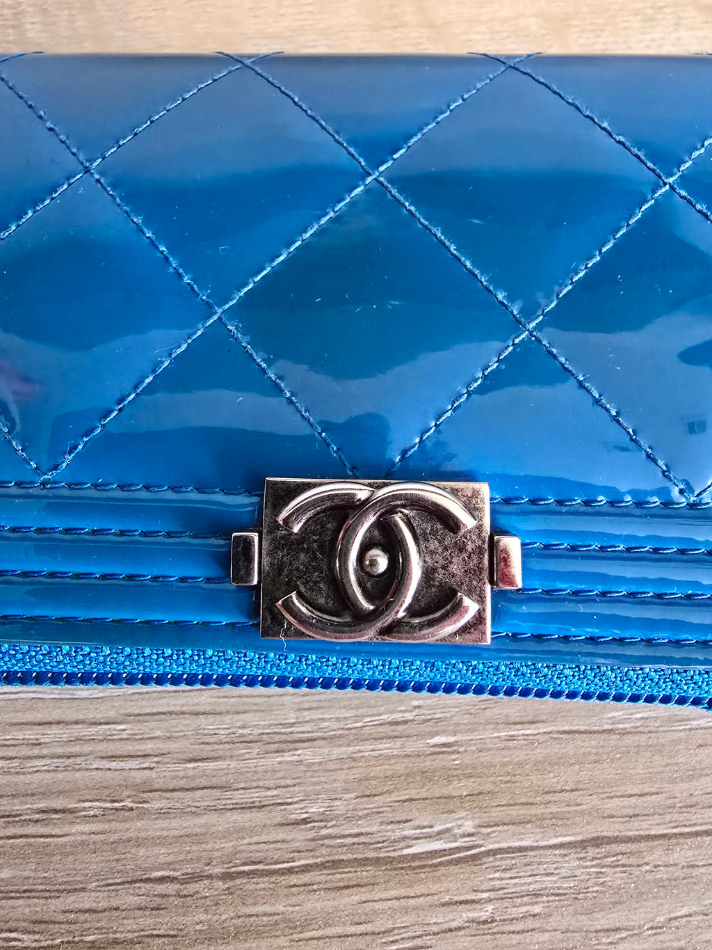 Chanel Quilted Boy Zip Around Wallet — Blue Patent Leather